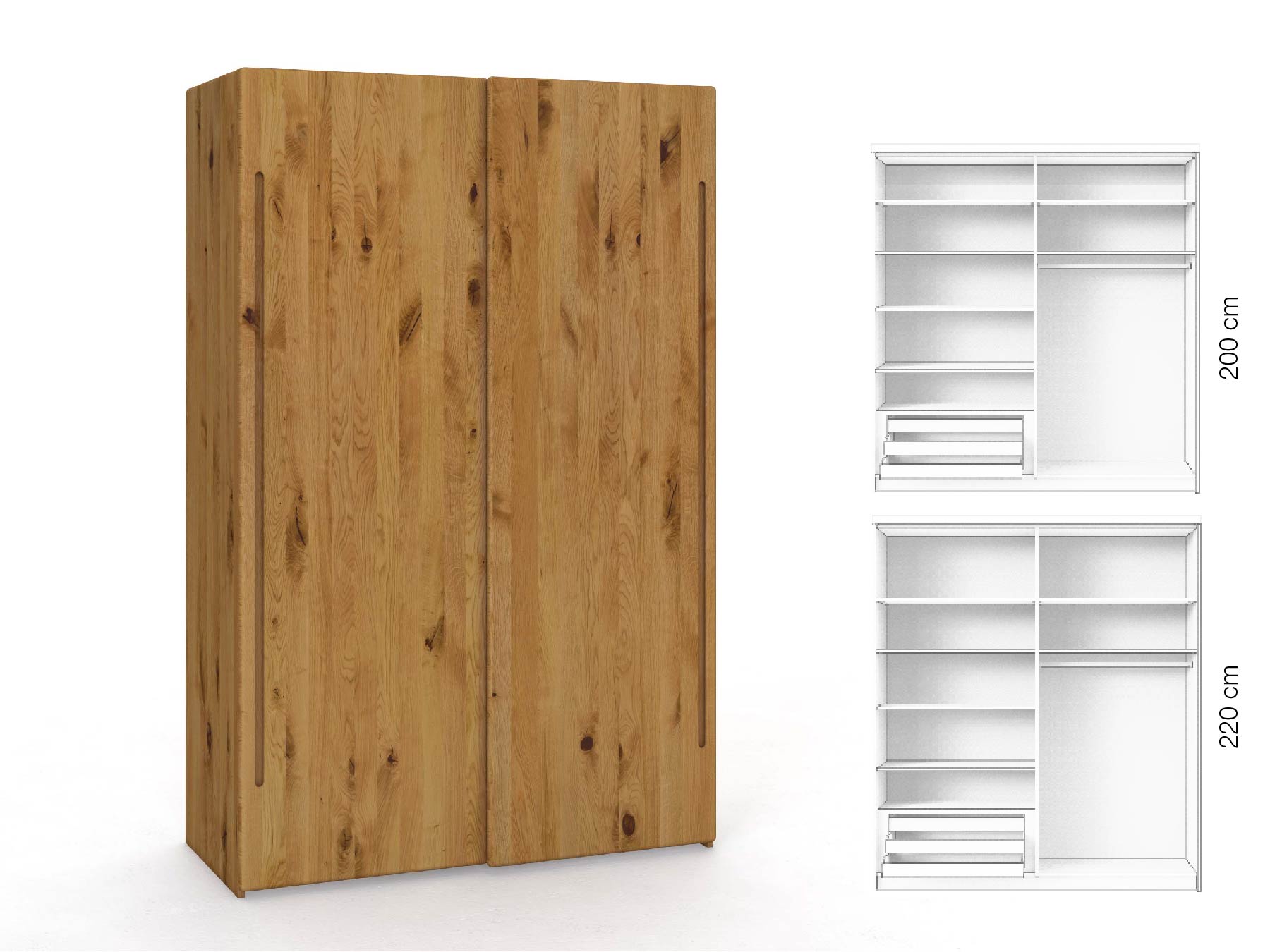 Wildeichenschrank „Viktor", 2-türig, Höhe 220 cm, Inneneinrichtung: D, Griff C