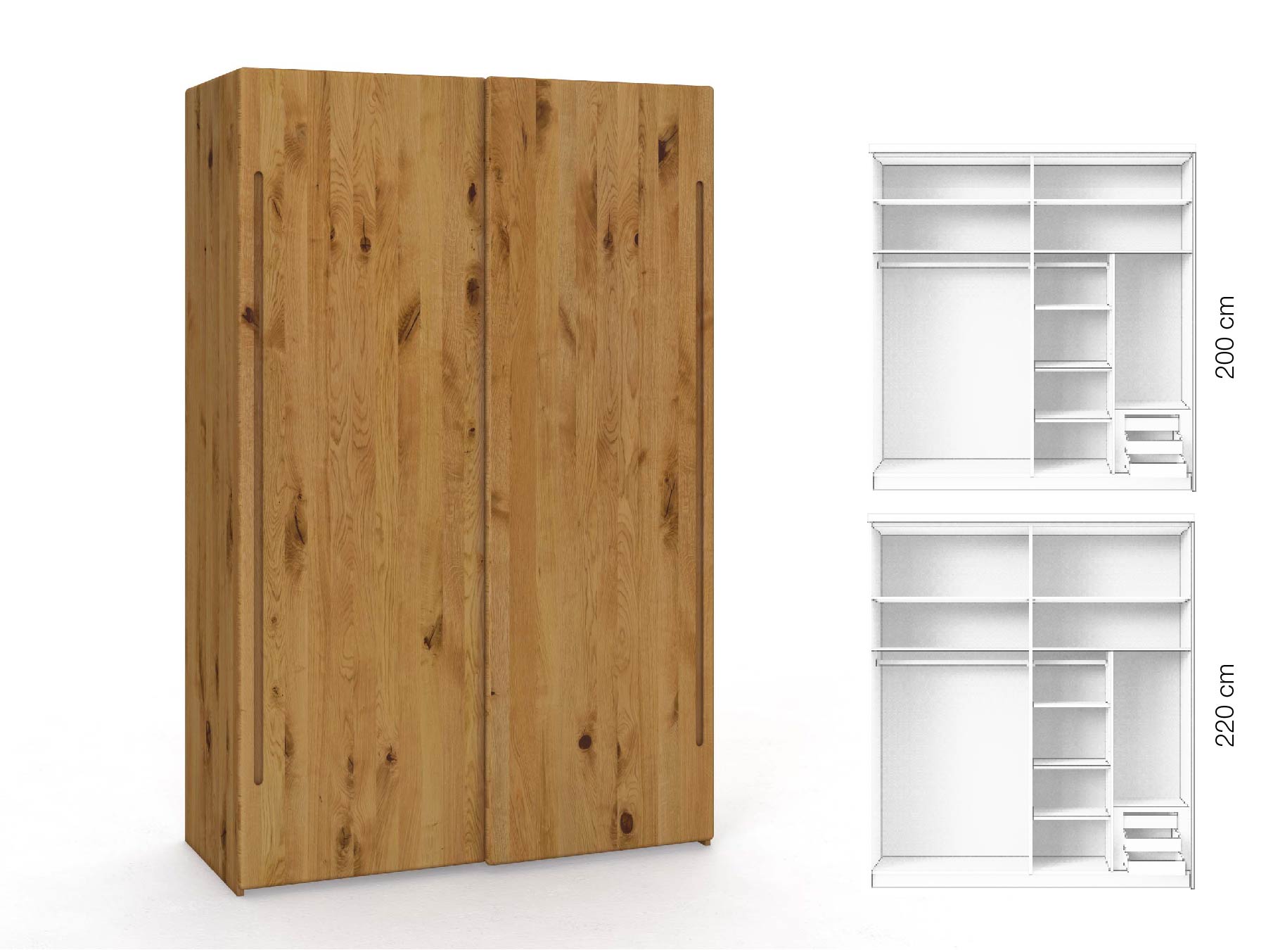Wildeichenschrank „Viktor", 2-türig, Höhe 220 cm, Inneneinrichtung: C, Griff C