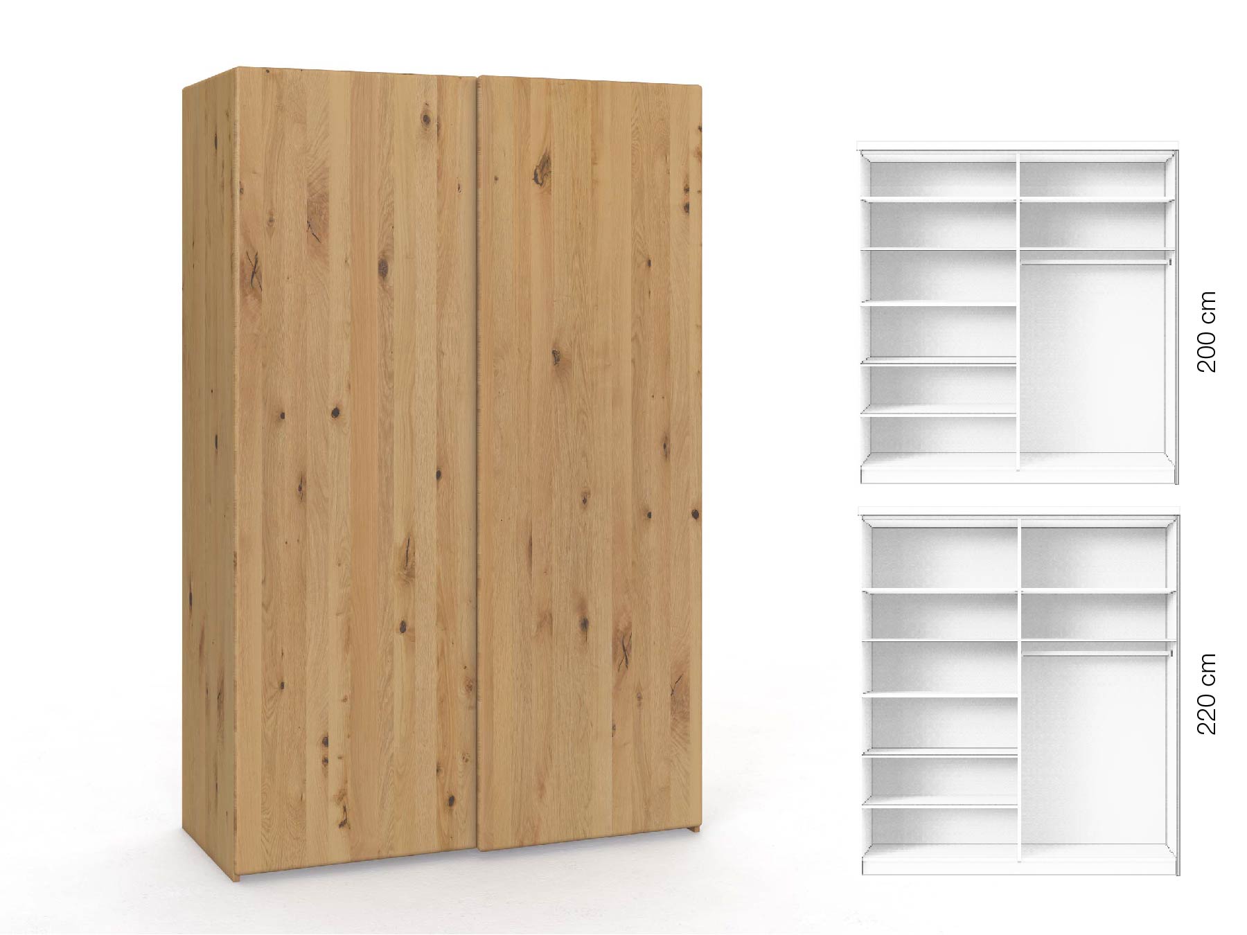 Wildeichenschrank Hell „Viktor", 2-türig, Höhe 220 cm, Inneneinrichtung: B, Grifflos
