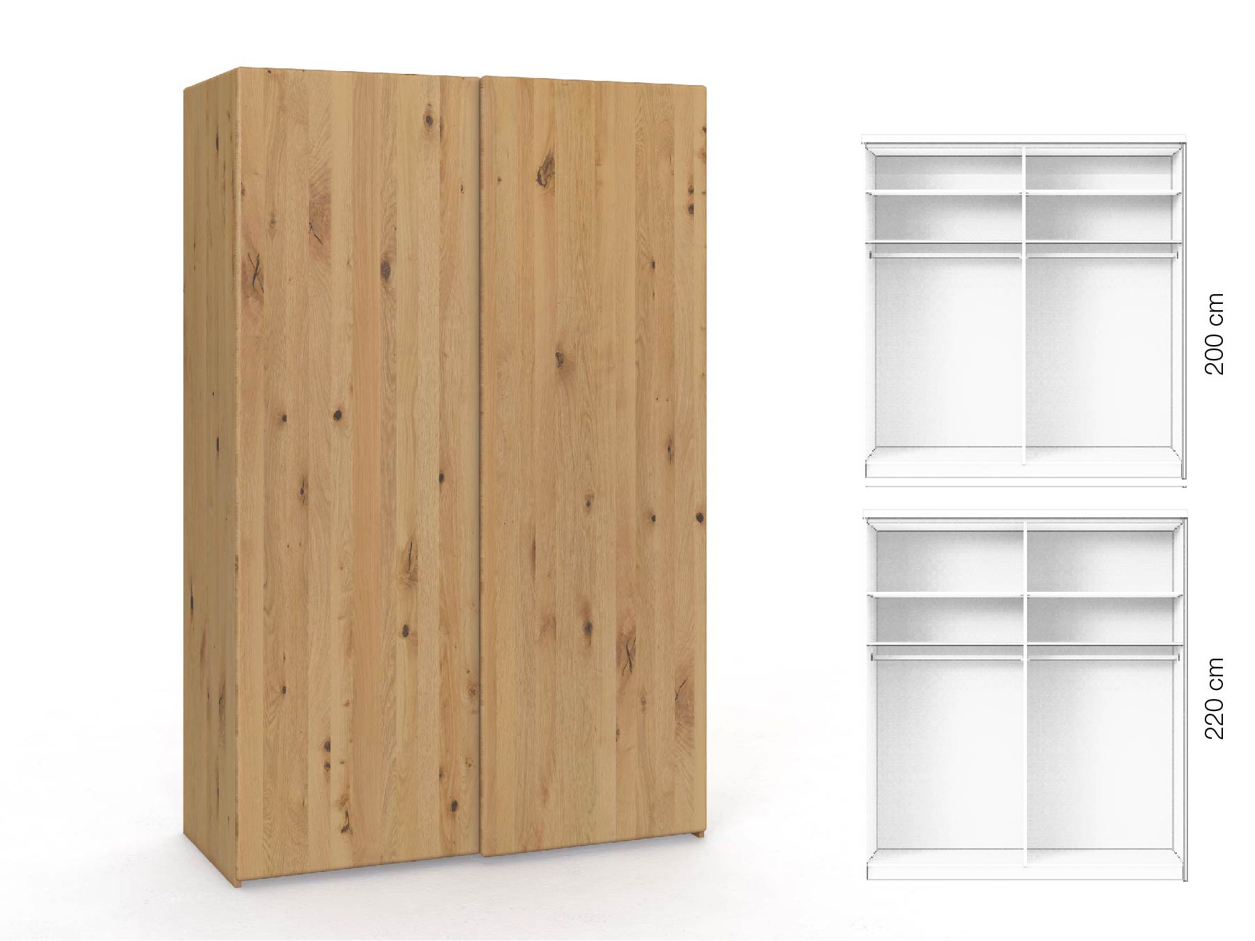 Wildeichenschrank Hell „Viktor", 2-türig, Höhe 220 cm, Inneneinrichtung: A, Grifflos