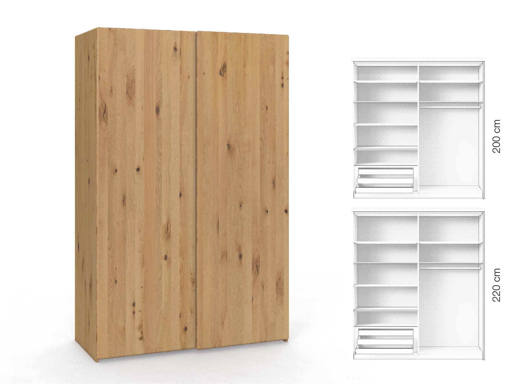Wildeichenschrank Hell „Viktor", 2-türig, Höhe 220 cm, Inneneinrichtung: D, Grifflos