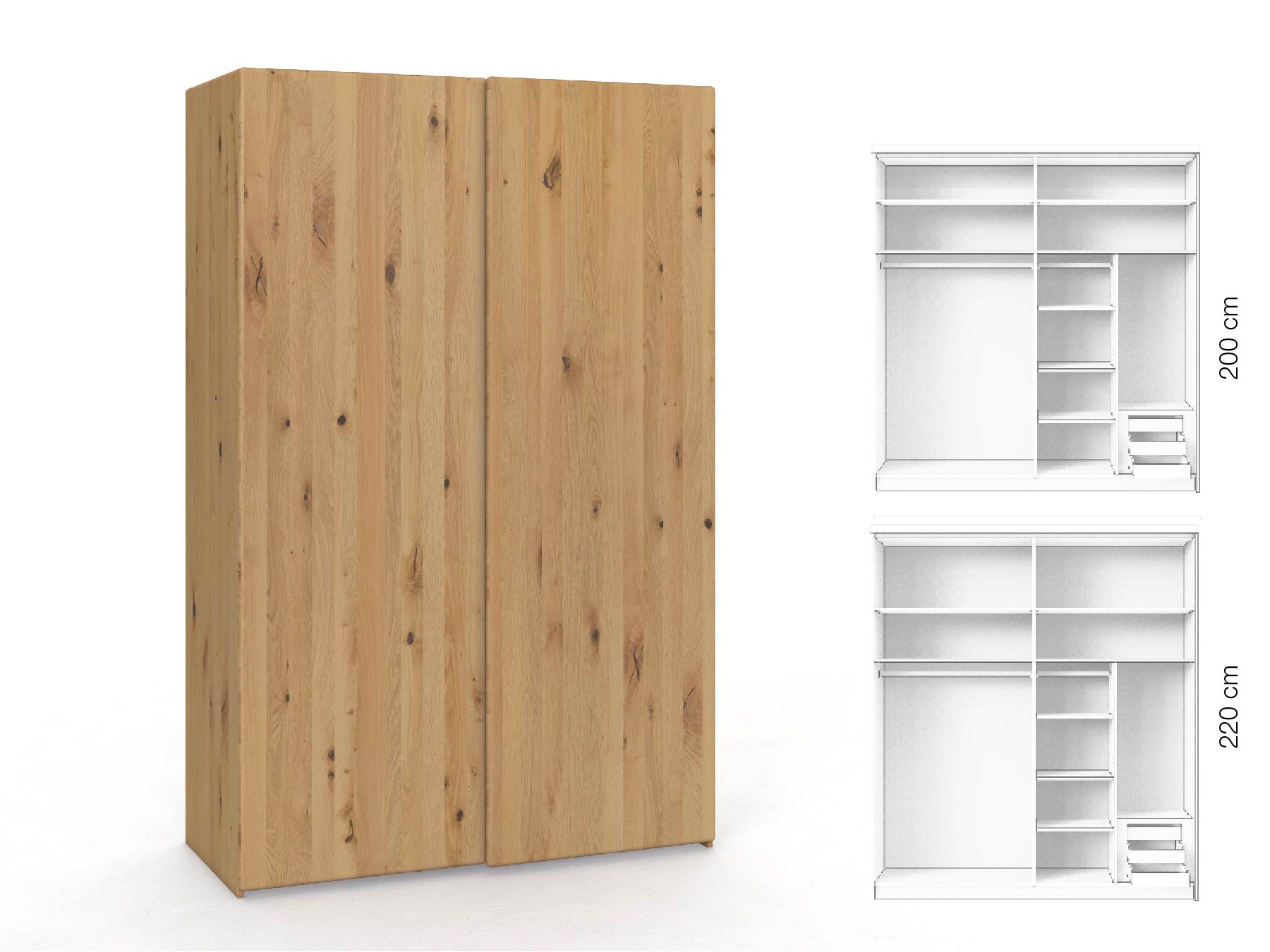 Wildeichenschrank Hell „Viktor", 2-türig, Höhe 220 cm, Inneneinrichtung: C, Grifflos