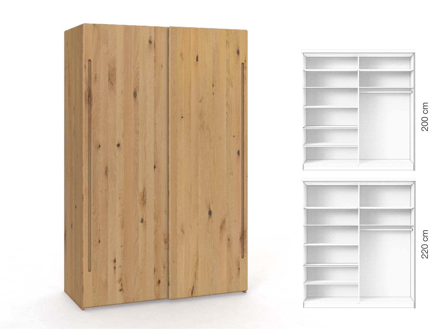 Wildeichenschrank Hell „Viktor", 2-türig, Höhe 220 cm, Inneneinrichtung: B, Griff C