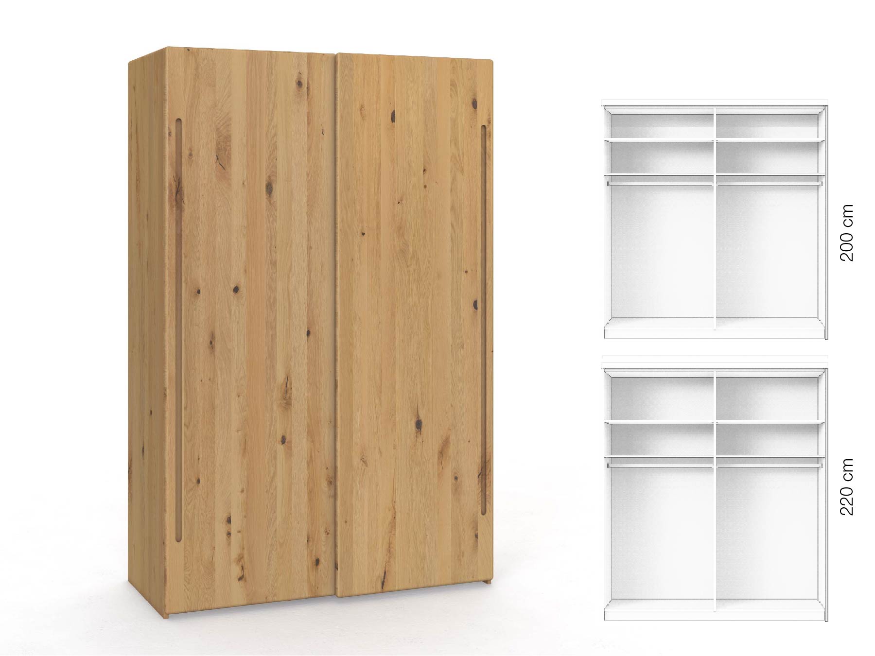 Wildeichenschrank Hell „Viktor", 2-türig, Höhe 220 cm, Inneneinrichtung: A, Griff C