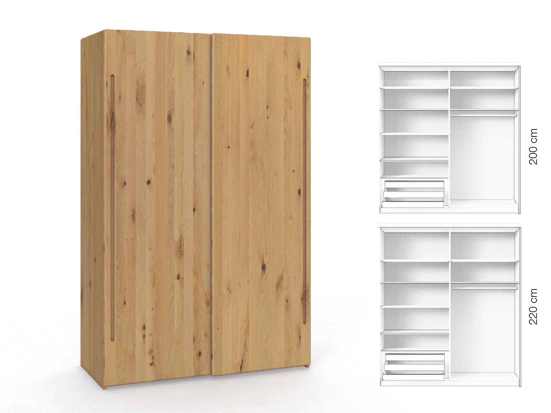 Wildeichenschrank Hell „Viktor", 2-türig, Höhe 220 cm, Inneneinrichtung: D, Griff C