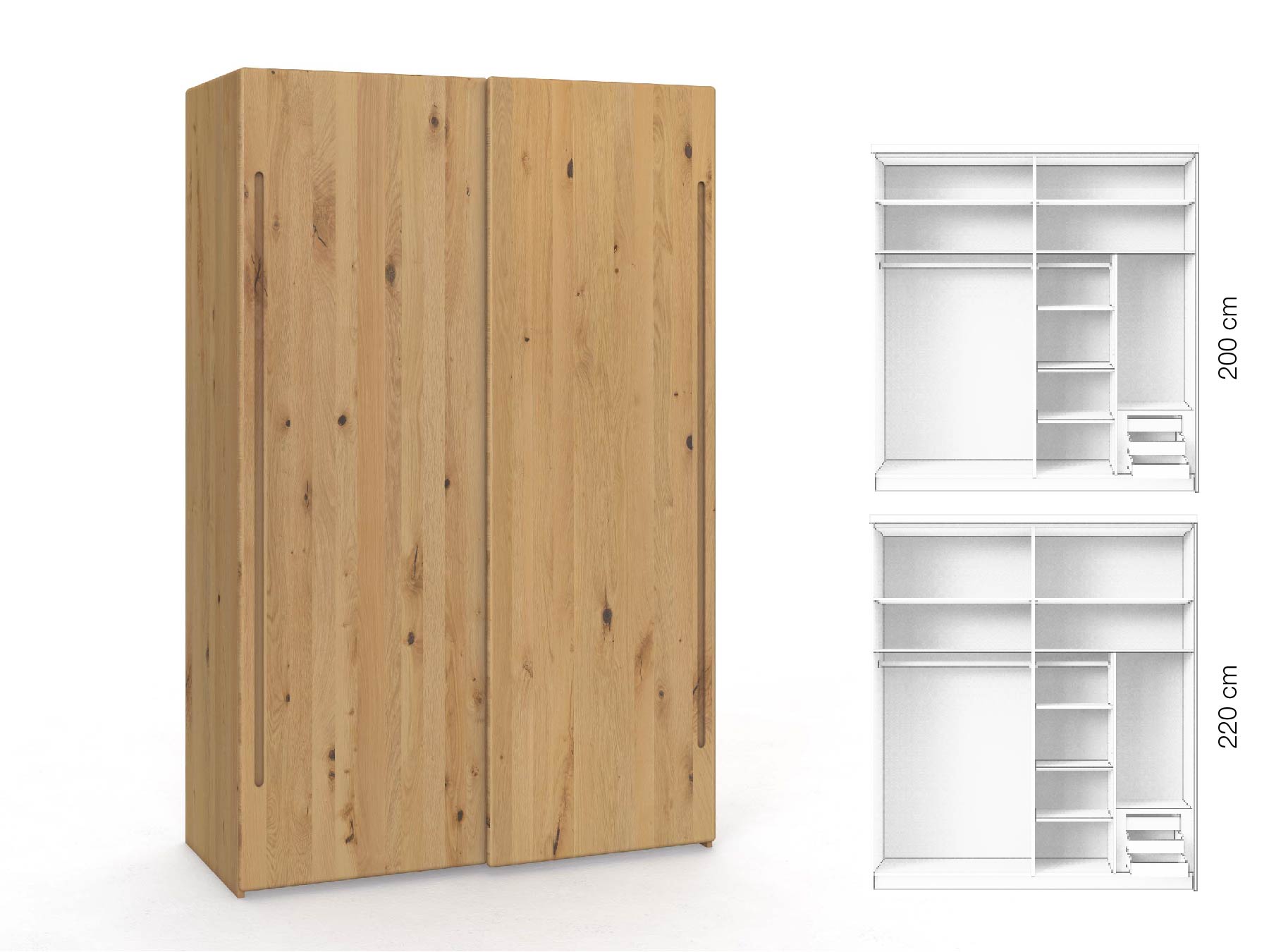 Wildeichenschrank Hell „Viktor", 2-türig, Höhe 220 cm, Inneneinrichtung: C, Griff C