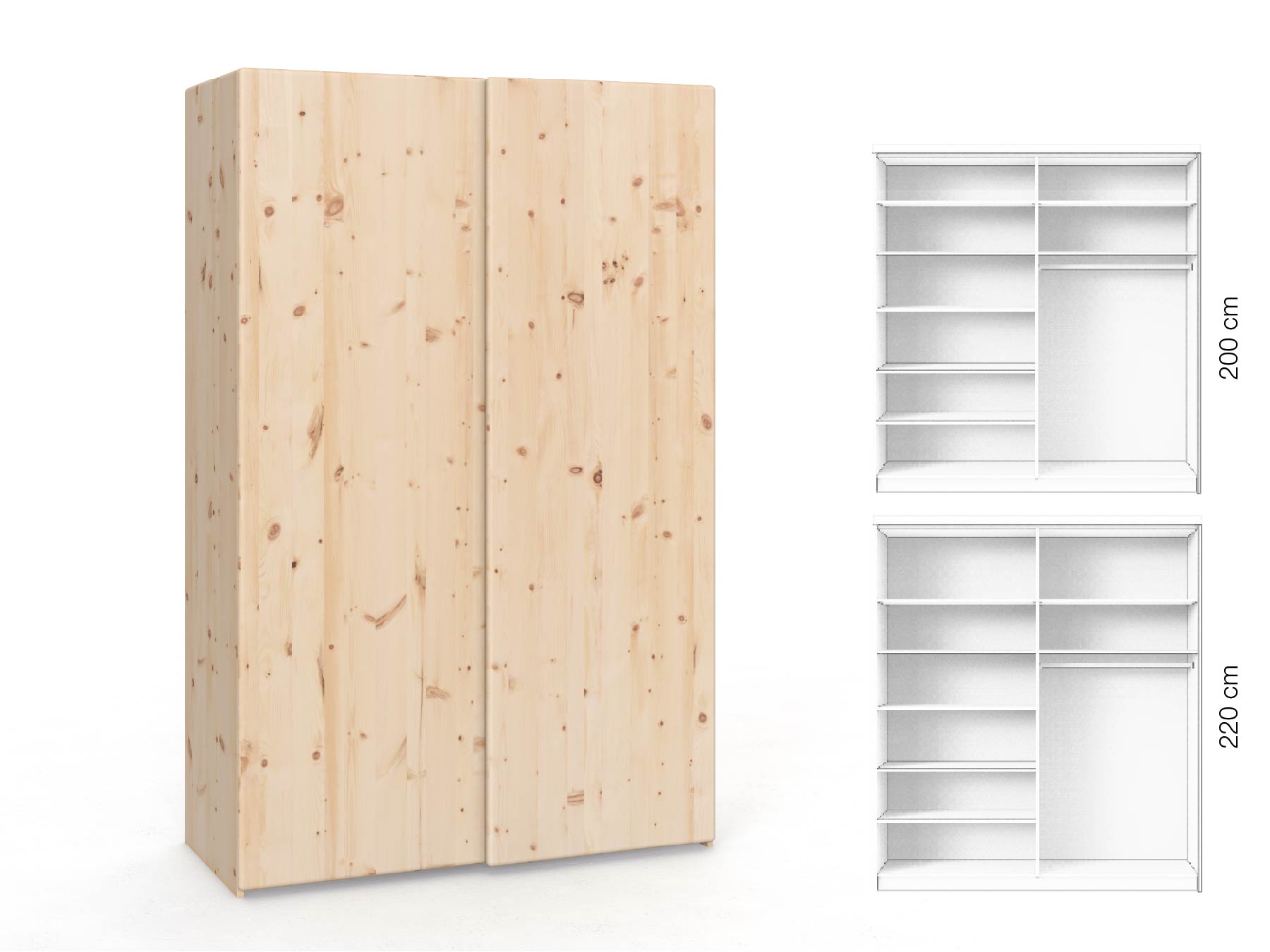 Zirbenschrank „Viktor", 2-türig, Höhe 220 cm, Inneneinrichtung: B, Grifflos