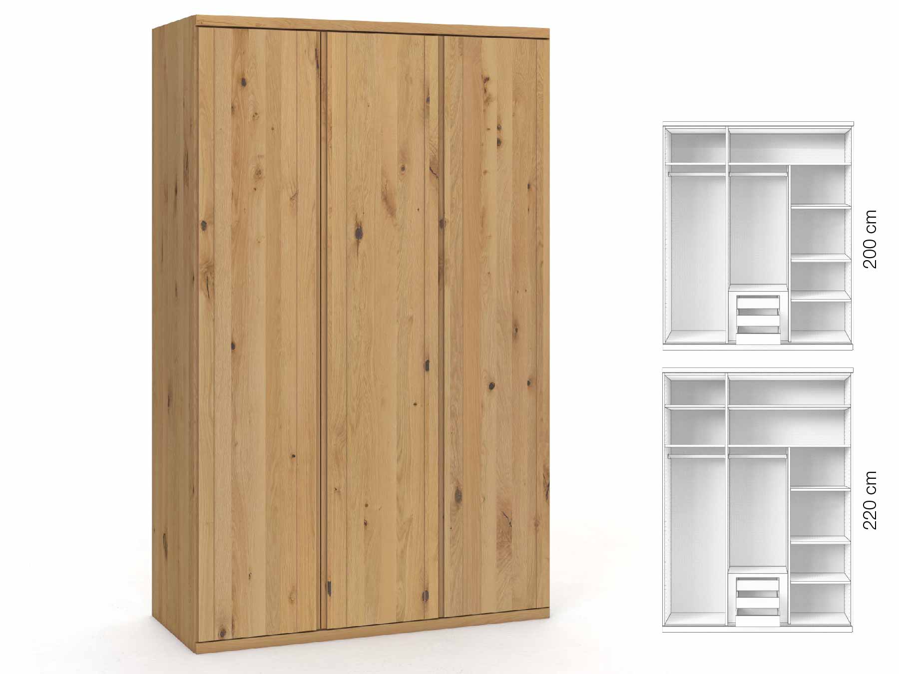 Wildeichenschrank Hell „Egon“, 3-türig, Höhe 220 cm, Griffausführung „Patrizia“, Inneneinrichtung: D