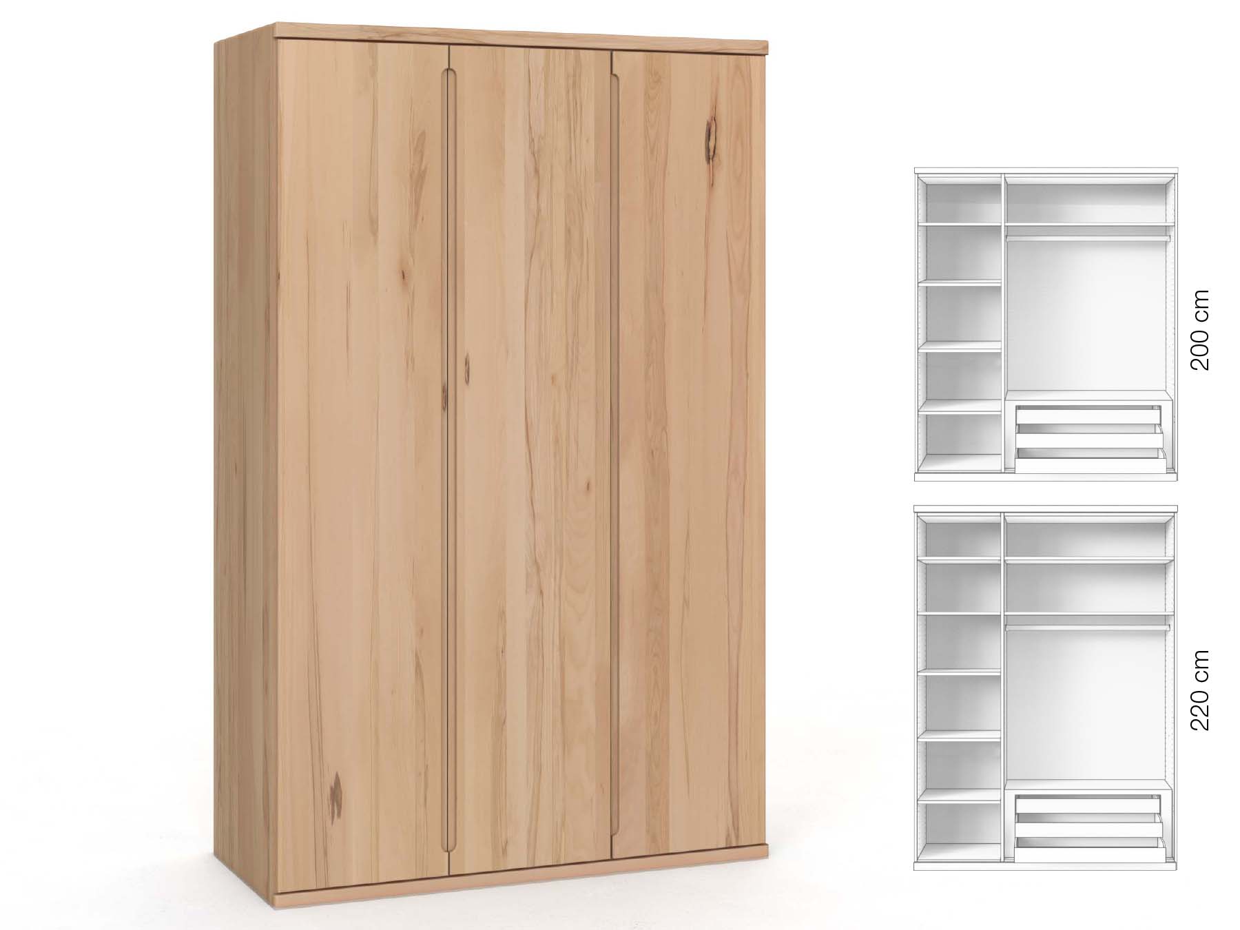 Buchenschrank „Valentin“, 3-türig, Höhe 220 cm, Griffausführung „Lukas“, Inneneinrichtung: C
