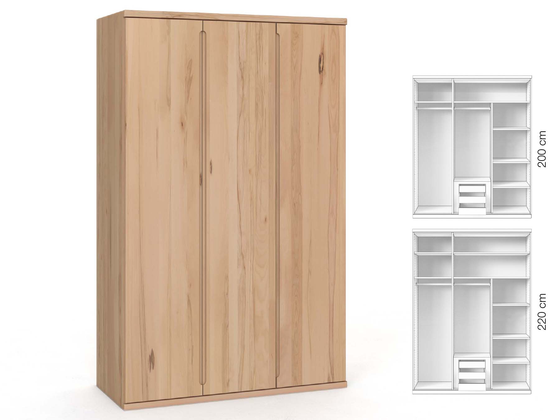 Buchenschrank „Valentin“, 3-türig, Höhe 220 cm, Griffausführung „Lukas“, Inneneinrichtung: D