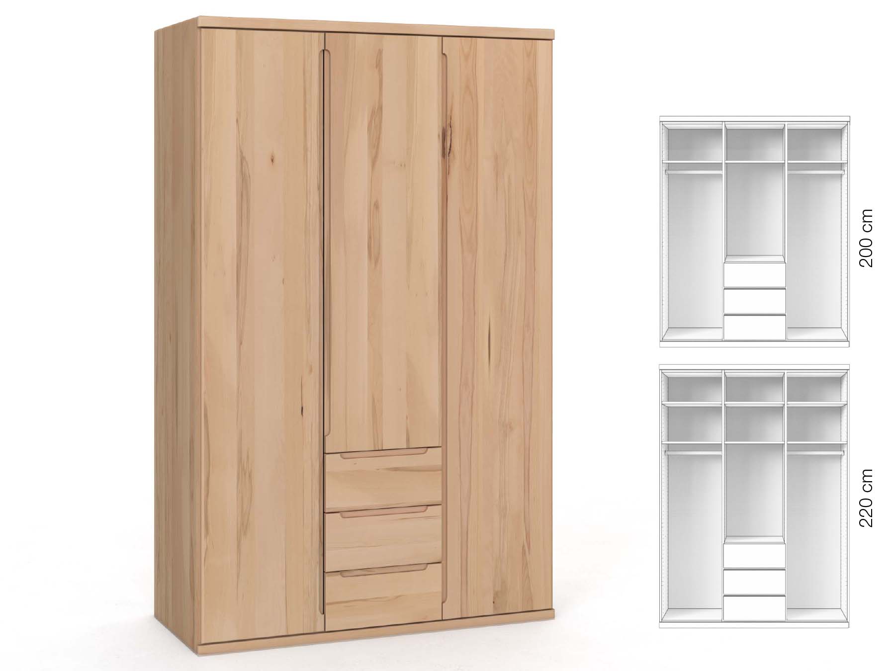 Buchenschrank „Valentin“, 3-türig, Höhe 220 cm, Griffausführung „Lukas“, Inneneinrichtung: E