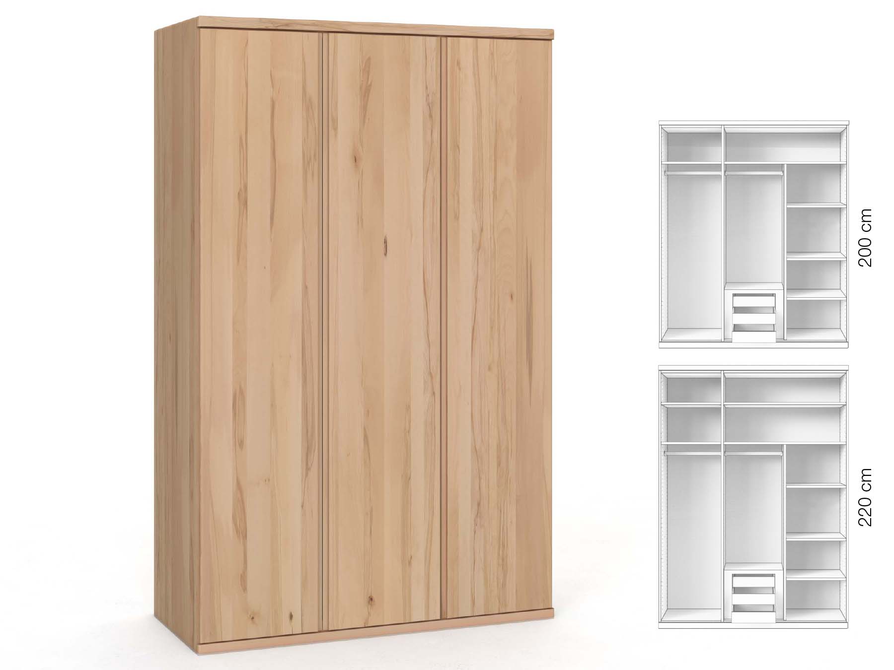 Buchenschrank „Valentin“, 3-türig, Höhe 220 cm, Griffausführung „Patrizia“, Inneneinrichtung: D