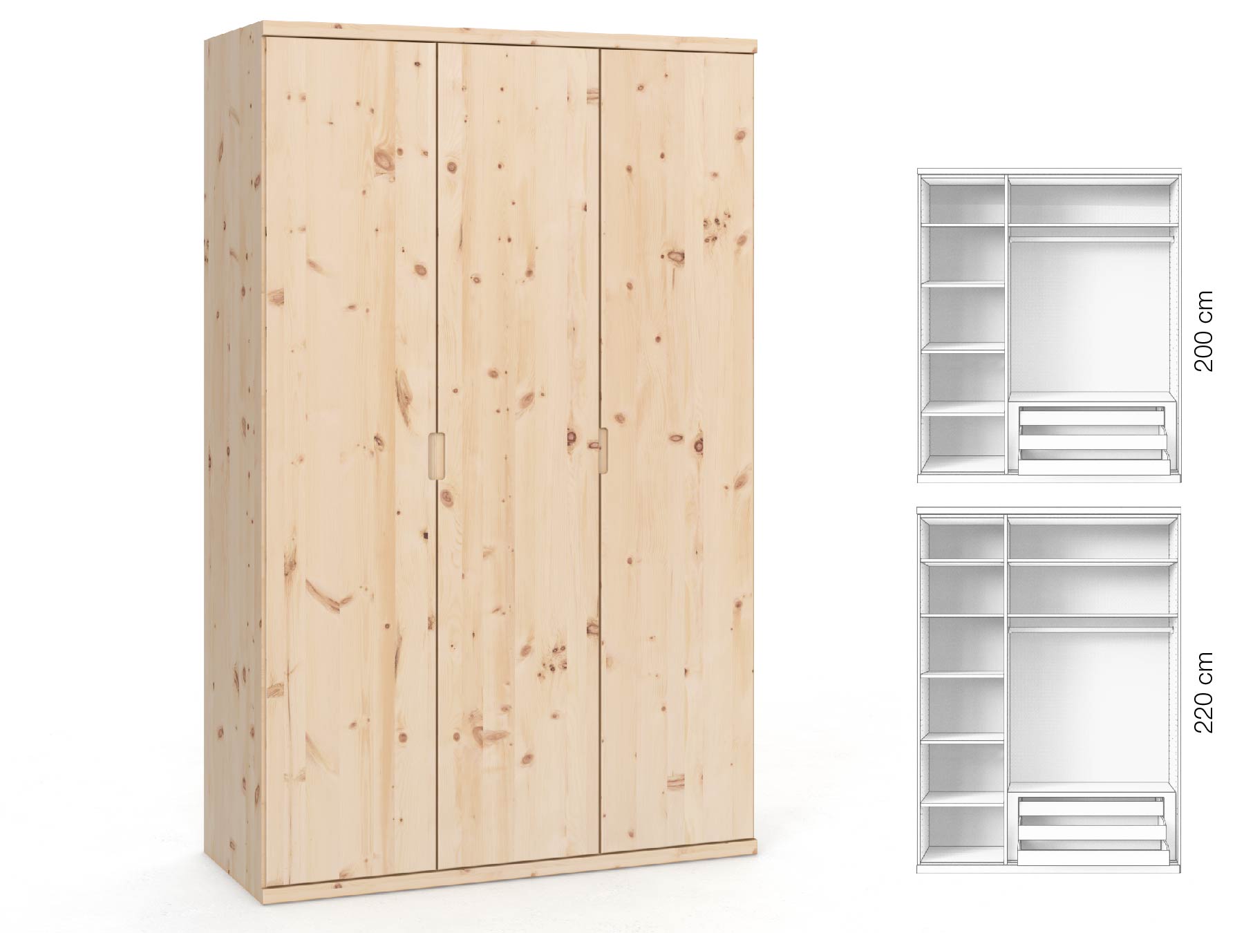 Zirbenschrank „Romana“, 3-türig, Höhe 220 cm, Griffausführung „Lukas“, Inneneinrichtung: C