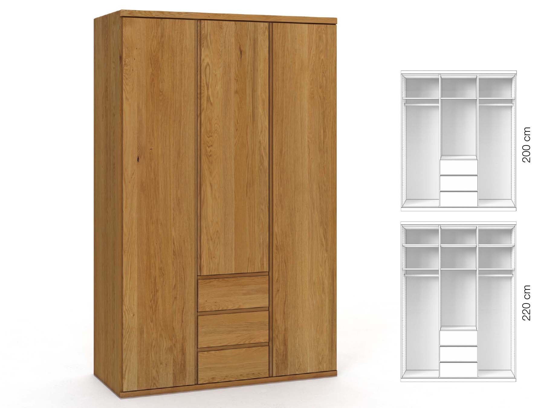 Eichenschrank „Valentin“, 3-türig, Höhe 220 cm, Griffausführung „Patrizia“, Inneneinrichtung: E