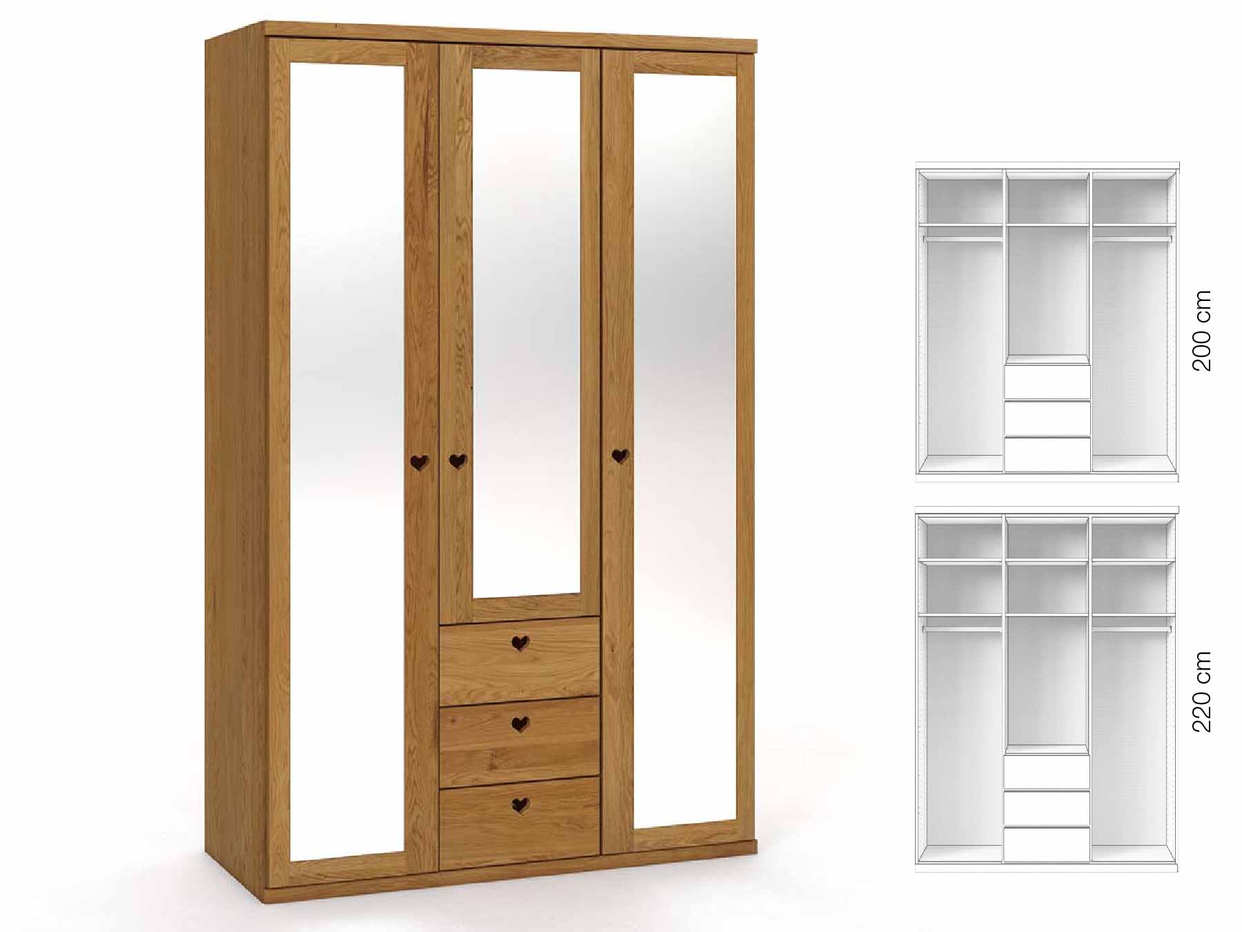 Eichenschrank „Sandra“, 3-türig, Höhe 220 cm, Griffausführung „Heidi“, Inneneinrichtung: E