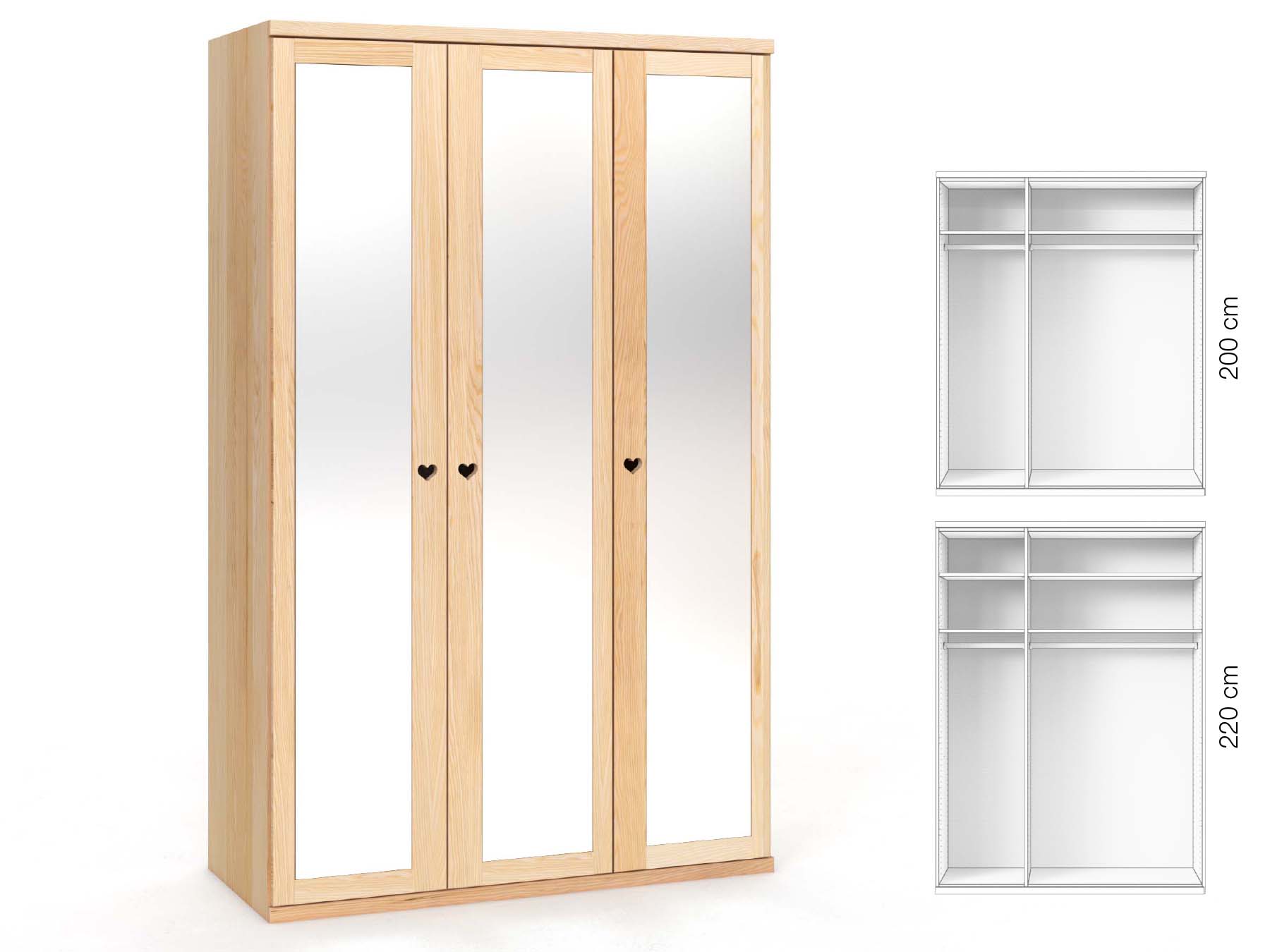 Eschenschrank „Sandra“, 3-türig, Höhe 220 cm, Griffausführung „Heidi“, Inneneinrichtung: A