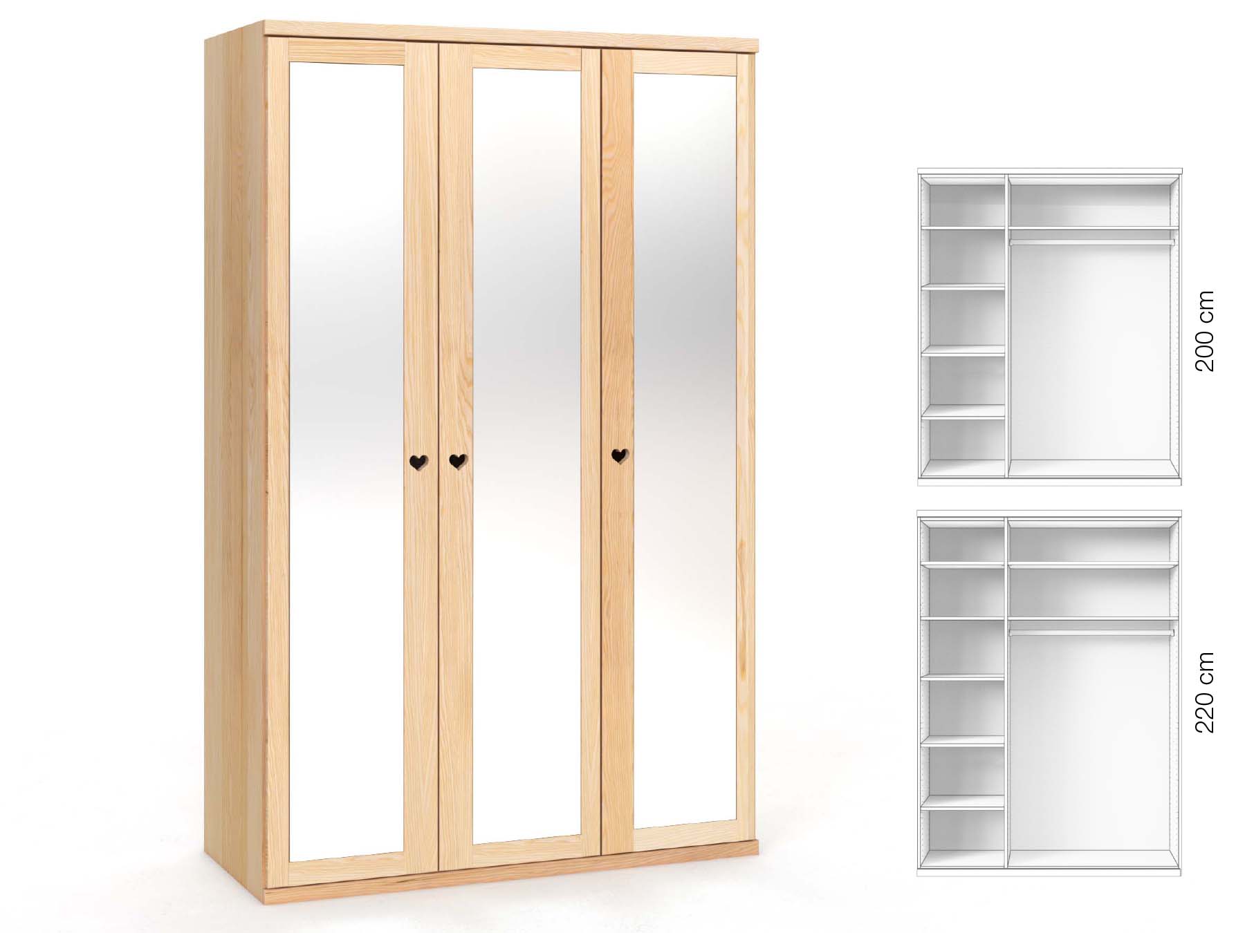 Eschenschrank „Sandra“, 3-türig, Höhe 220 cm, Griffausführung „Heidi“, Inneneinrichtung: B