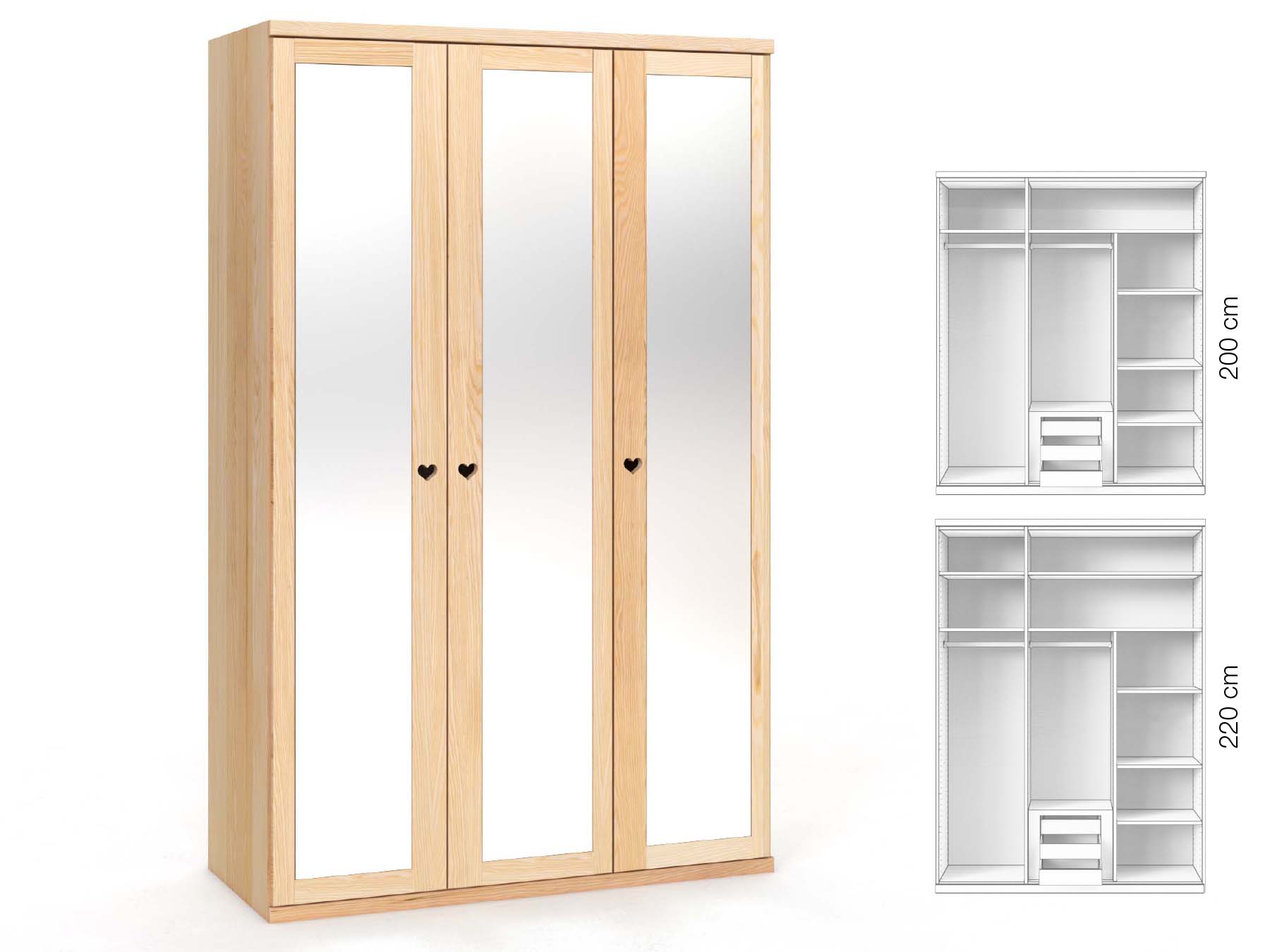 Eschenschrank „Sandra“, 3-türig, Höhe 220 cm, Griffausführung „Heidi“, Inneneinrichtung: D
