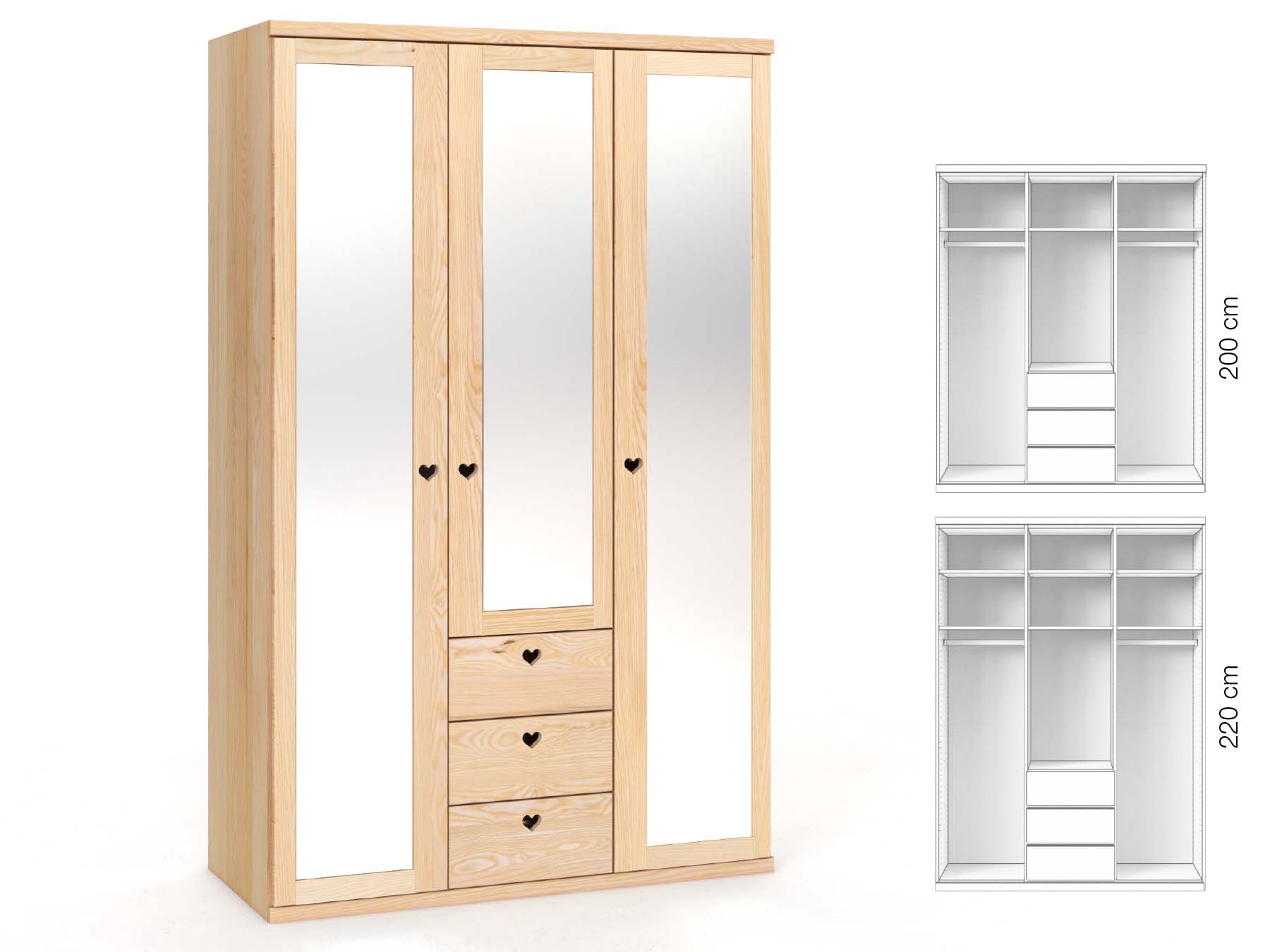 Eschenschrank „Sandra“, 3-türig, Höhe 220 cm, Griffausführung „Heidi“, Inneneinrichtung: E