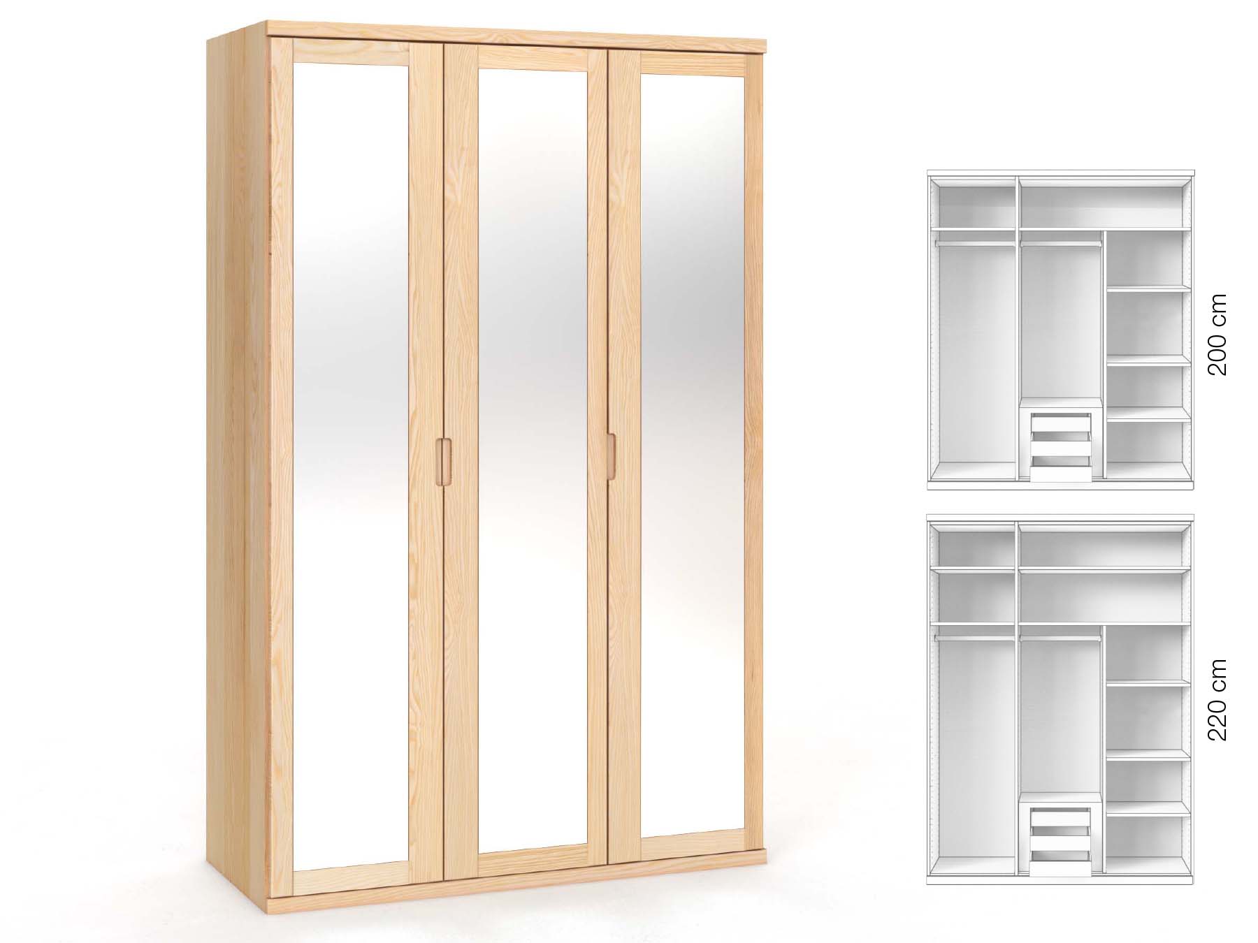 Eschenschrank „Sandra“, 3-türig, Höhe 220 cm, Griffausführung „Lukas“, Inneneinrichtung: D