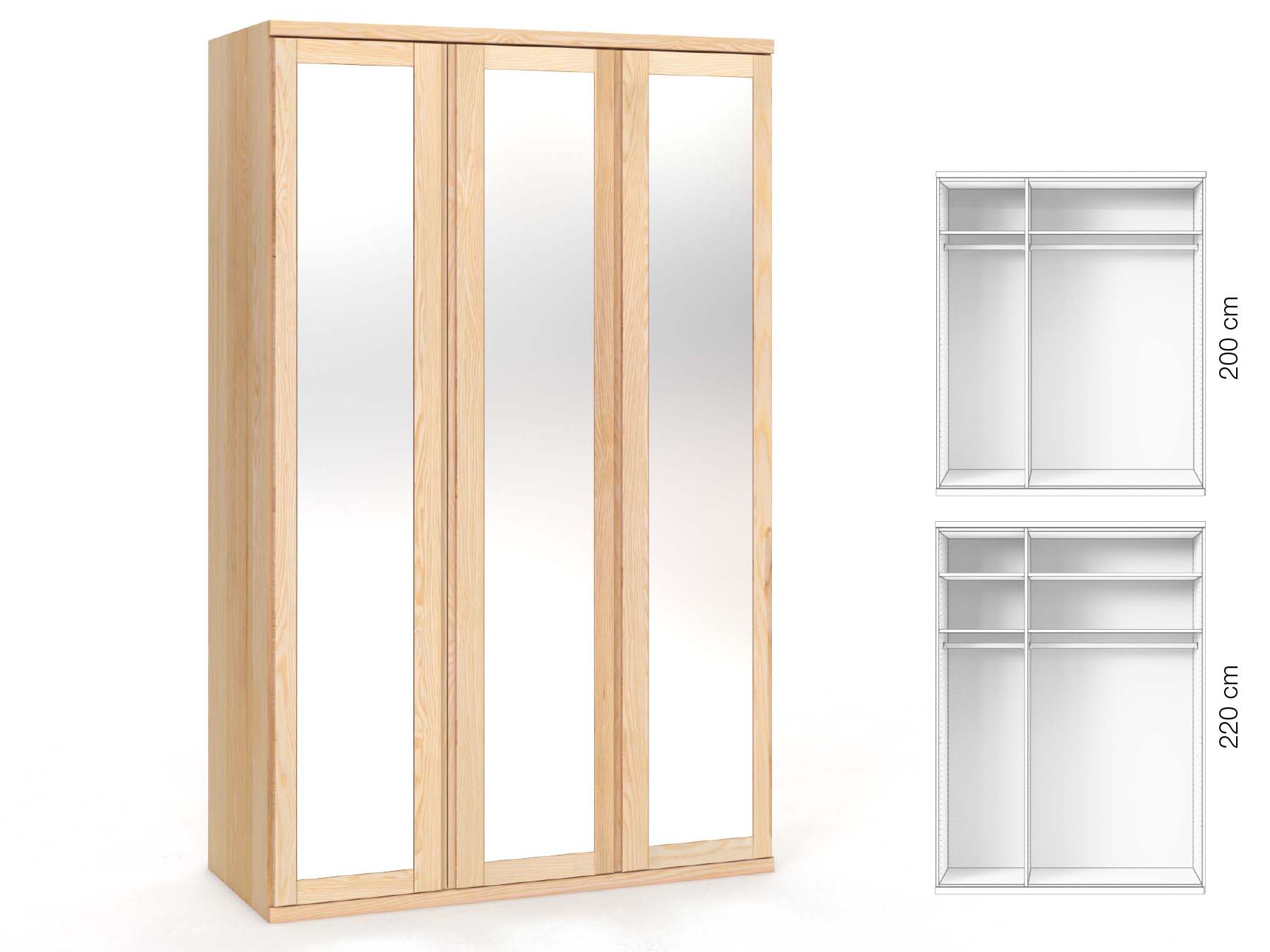 Eschenschrank „Sandra“, 3-türig, Höhe 220 cm, Griffausführung „Patrizia“, Inneneinrichtung: A