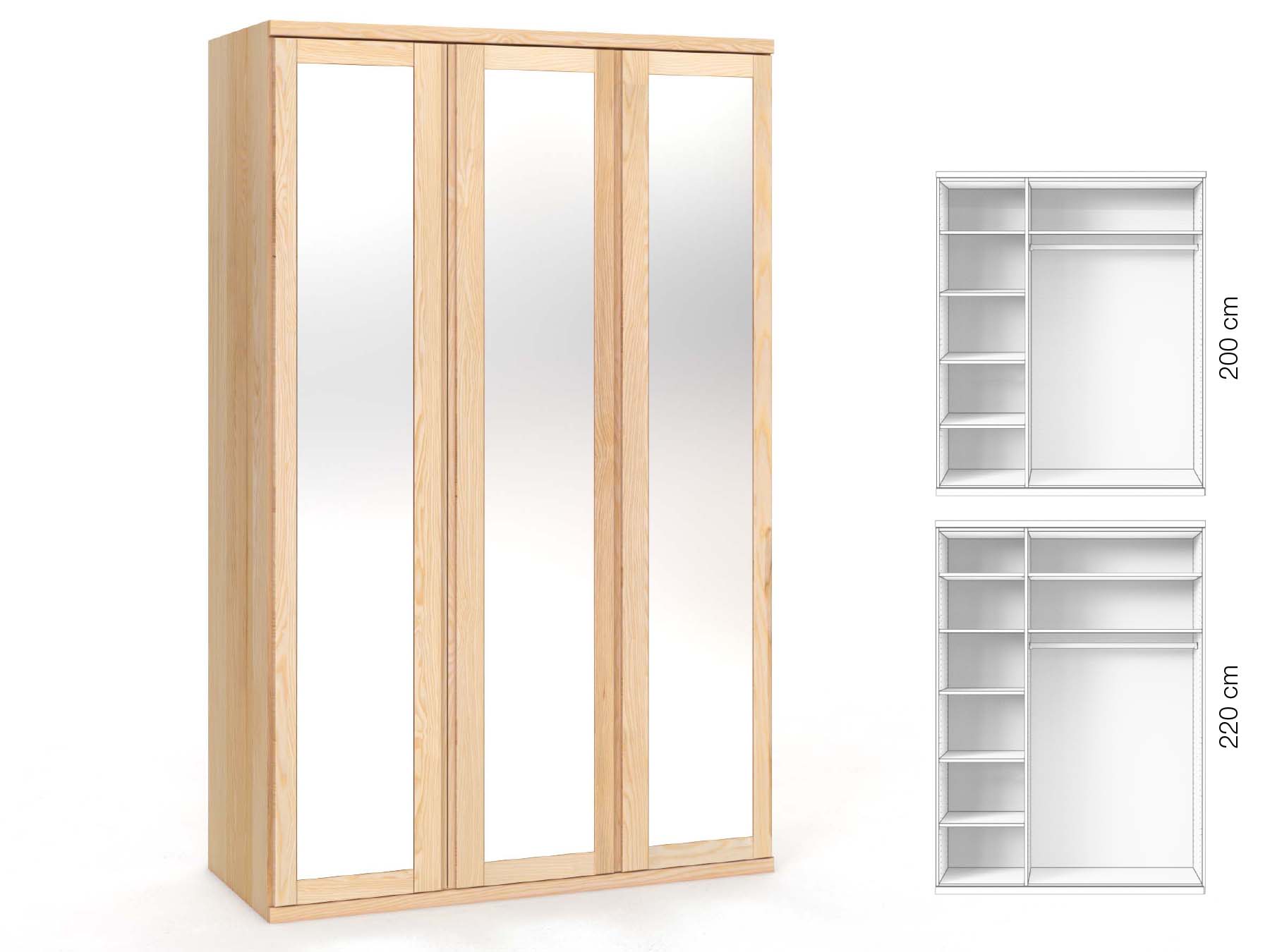 Eschenschrank „Sandra“, 3-türig, Höhe 220 cm, Griffausführung „Patrizia“, Inneneinrichtung: B