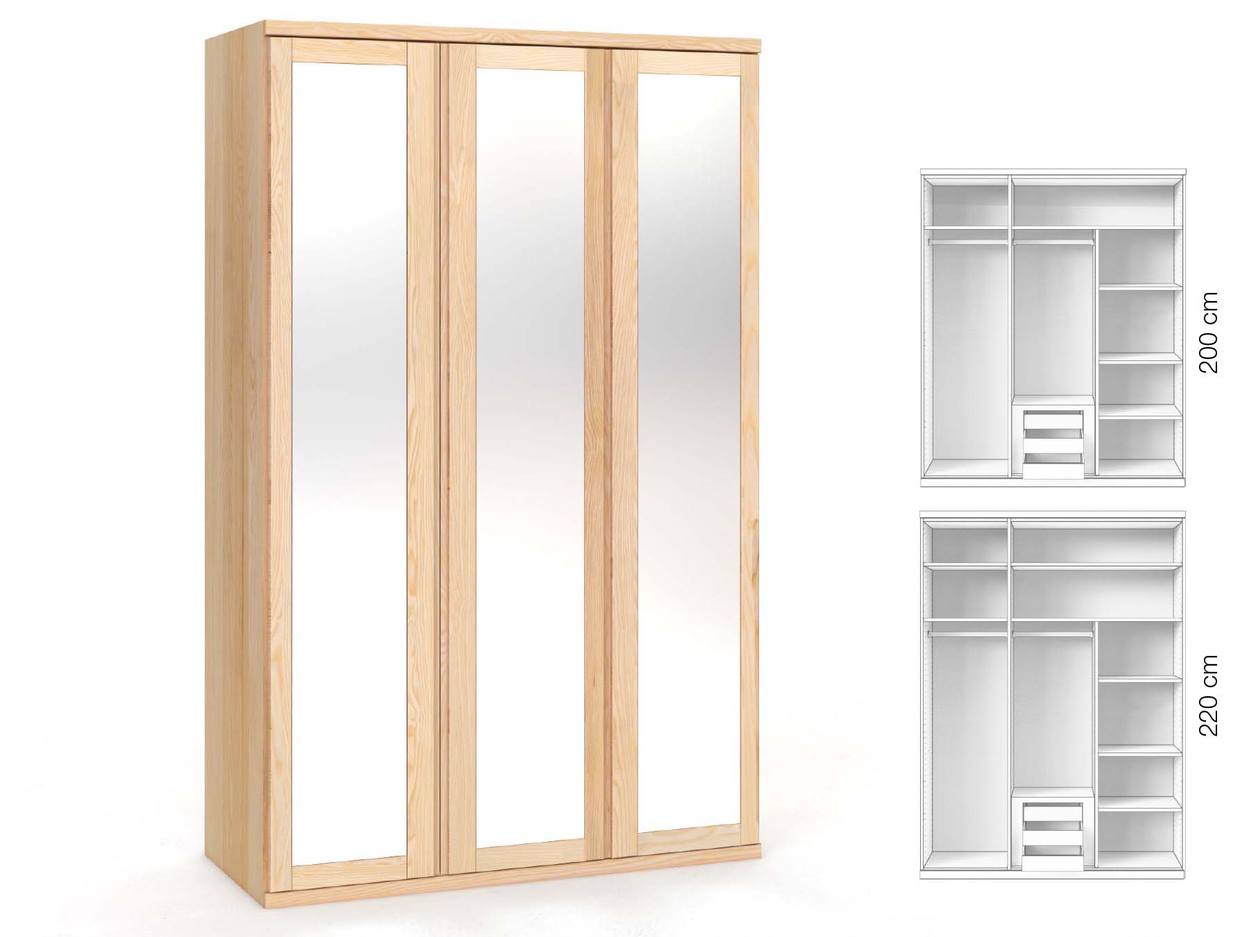 Eschenschrank „Sandra“, 3-türig, Höhe 220 cm, Griffausführung „Patrizia“, Inneneinrichtung: D