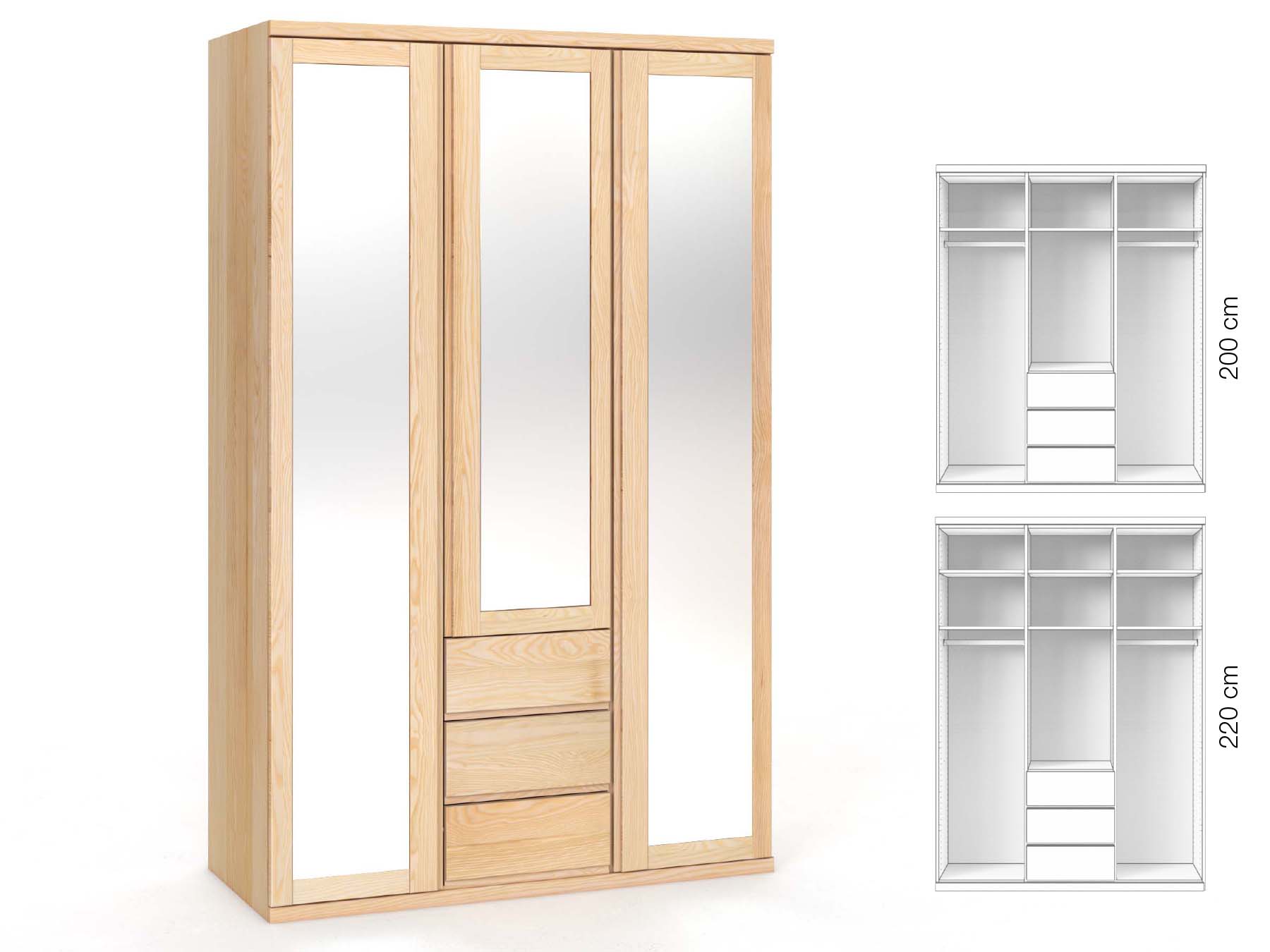 Eschenschrank „Sandra“, 3-türig, Höhe 220 cm, Griffausführung „Patrizia“, Inneneinrichtung: E