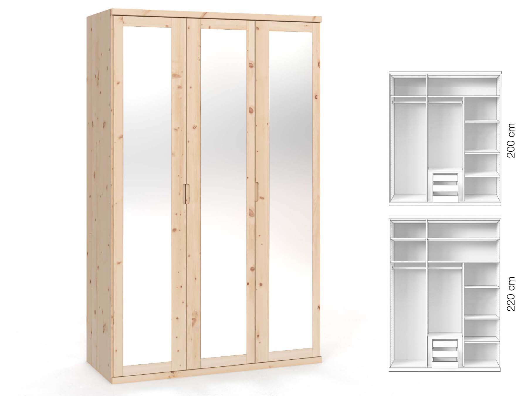 Zirbenschrank „Sandra“, 3-türig, Höhe 220 cm, Griffausführung „Lukas“, Inneneinrichtung: D