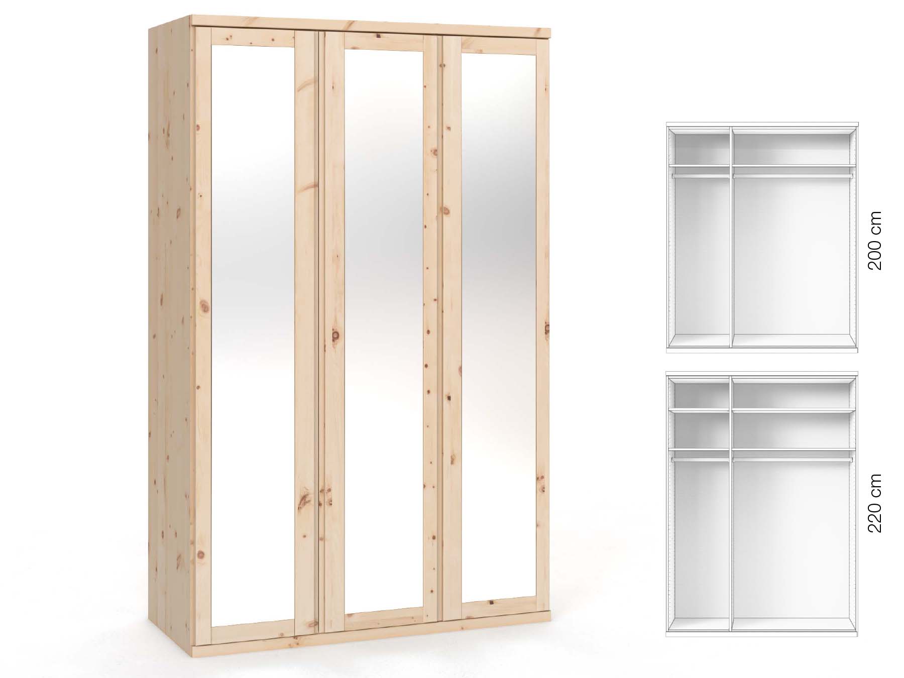 Zirbenschrank „Sandra“, 3-türig, Höhe 220 cm, Griffausführung „Patrizia“, Inneneinrichtung: A