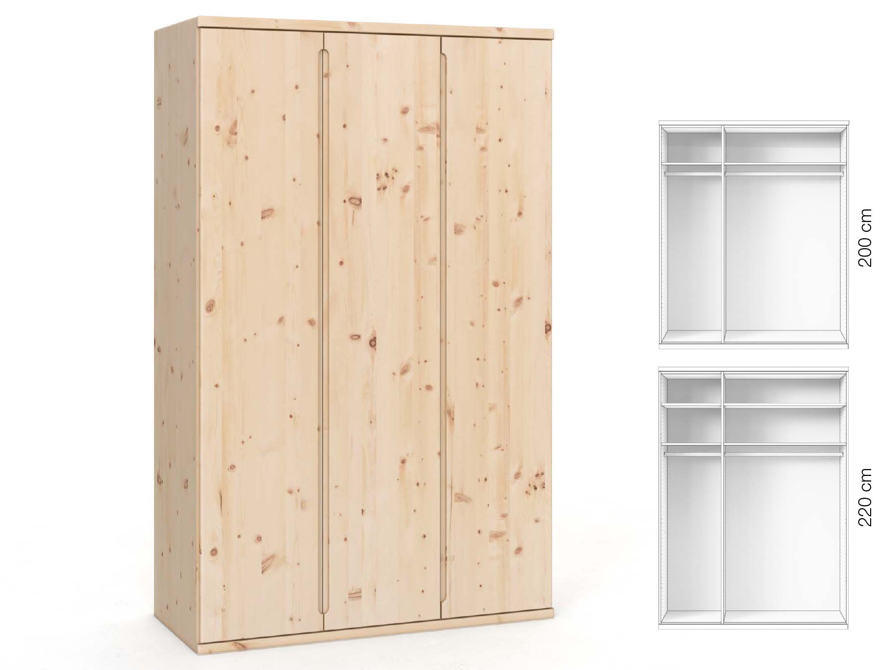 Zirbenschrank „Valentin“, 3-türig, Höhe 220 cm, Griffausführung „Lukas“, Inneneinrichtung: A