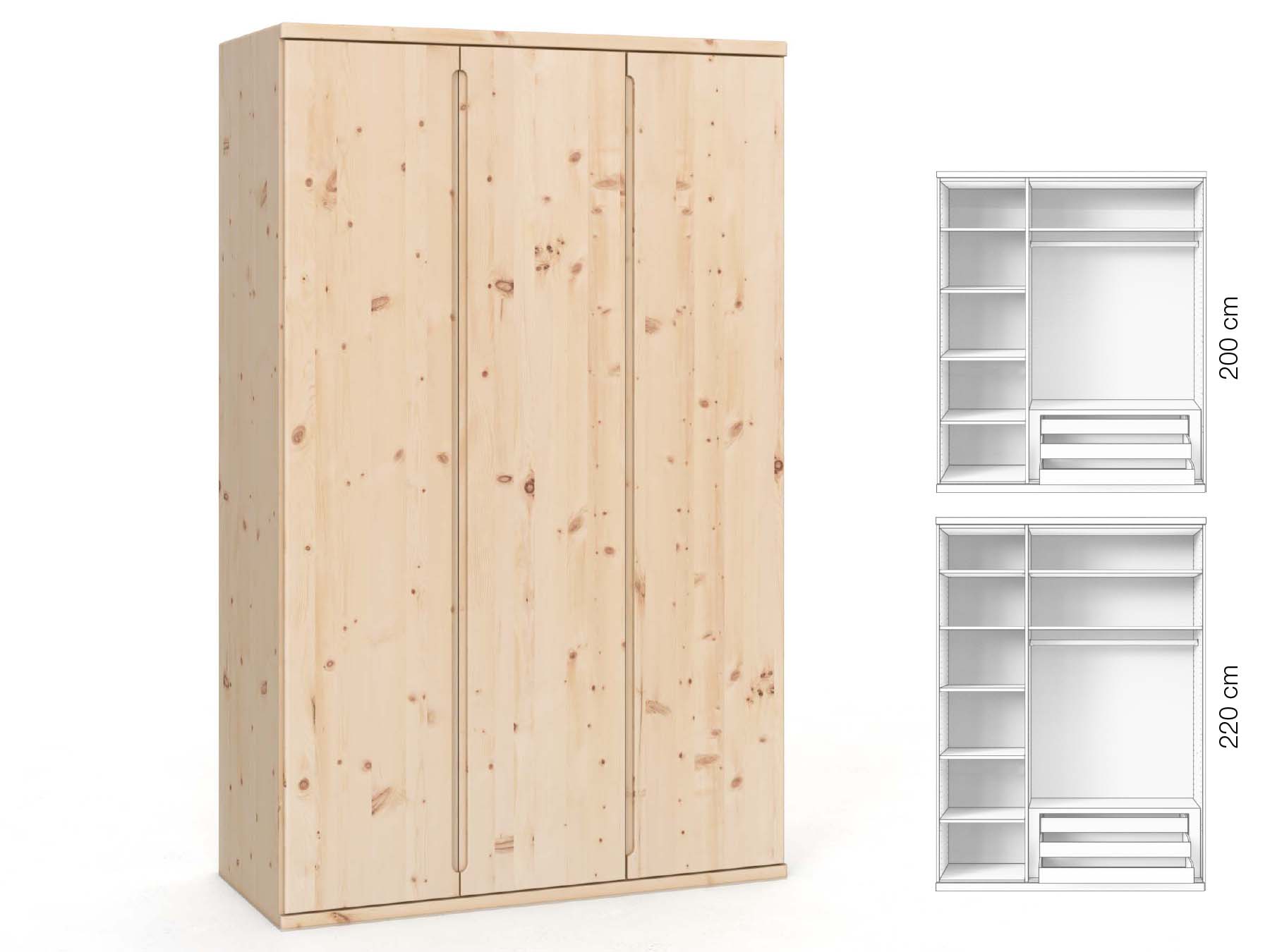Zirbenschrank „Valentin“, 3-türig, Höhe 220 cm, Griffausführung „Lukas“, Inneneinrichtung: C