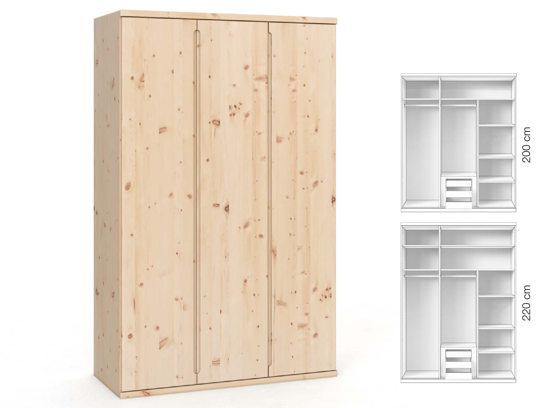 Zirbenschrank „Valentin“, 3-türig, Höhe 220 cm, Griffausführung „Lukas“, Inneneinrichtung: D