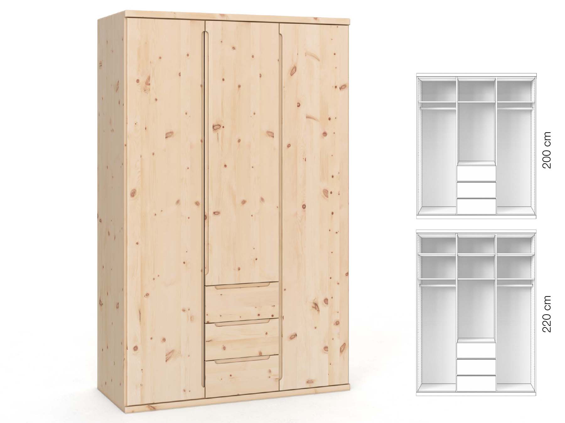 Zirbenschrank „Valentin“, 3-türig, Höhe 220 cm, Griffausführung „Lukas“, Inneneinrichtung: E