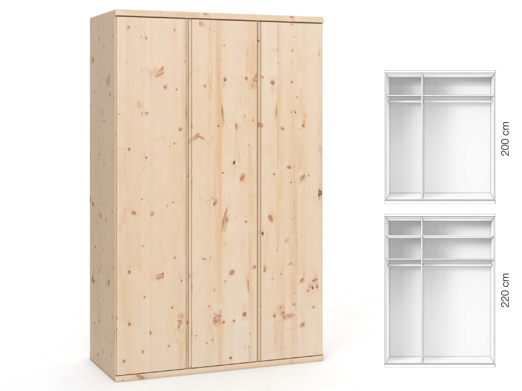Zirbenschrank „Valentin“, 3-türig, Höhe 220 cm, Griffausführung „Patrizia“, Inneneinrichtung: A