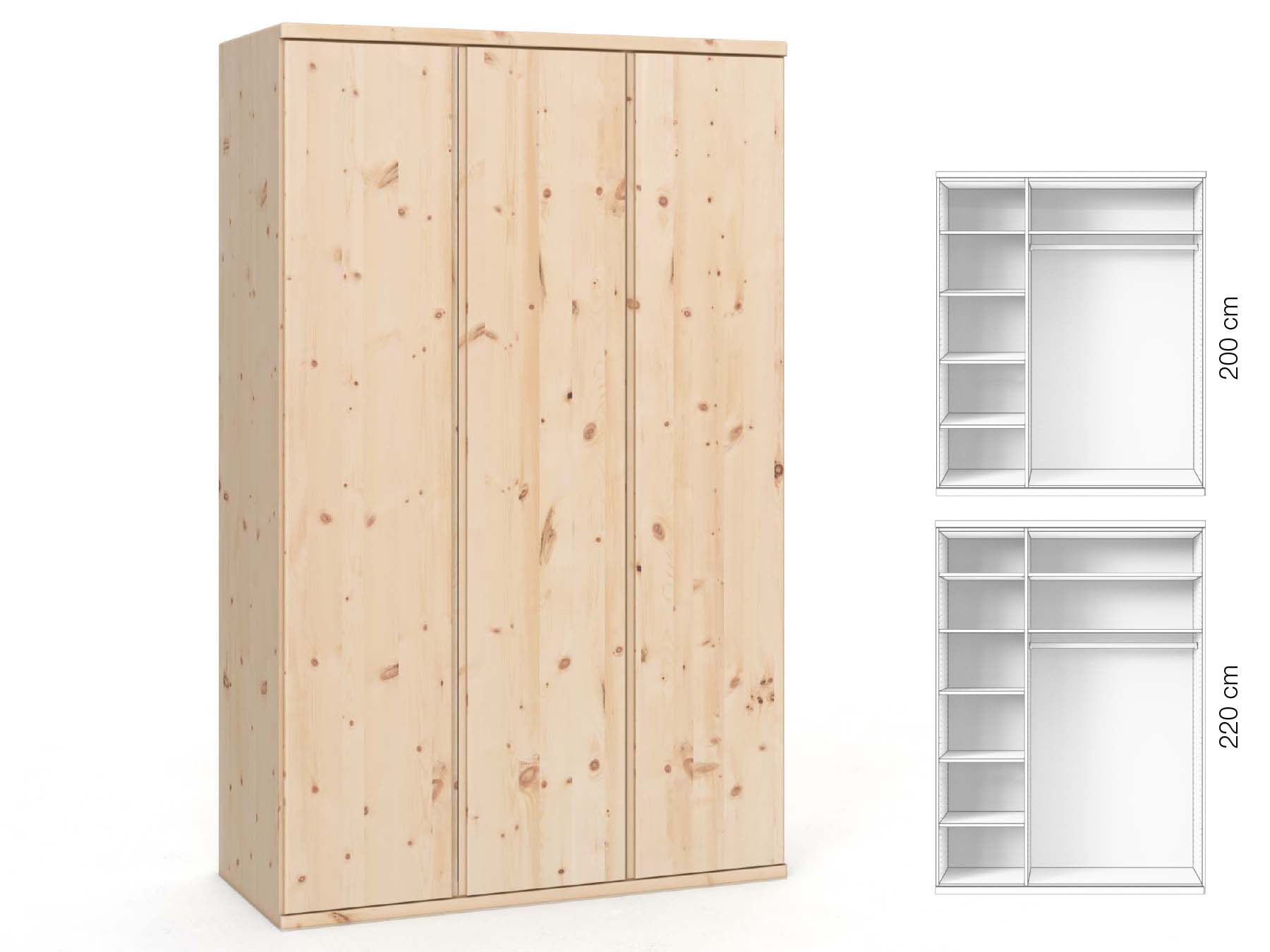 Zirbenschrank „Valentin“, 3-türig, Höhe 220 cm, Griffausführung „Patrizia“, Inneneinrichtung: B