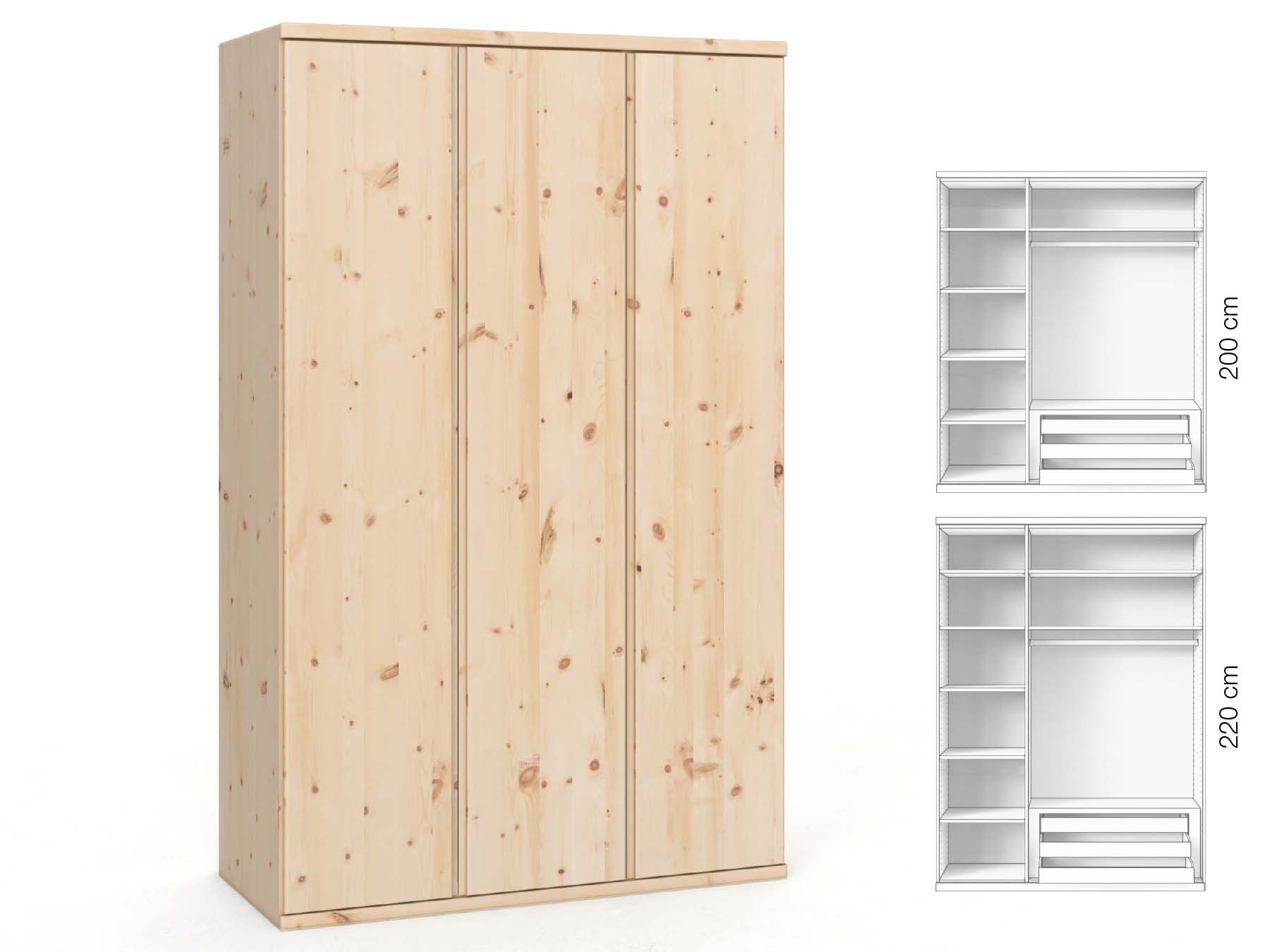 Zirbenschrank „Valentin“, 3-türig, Höhe 220 cm, Griffausführung „Patrizia“, Inneneinrichtung: C