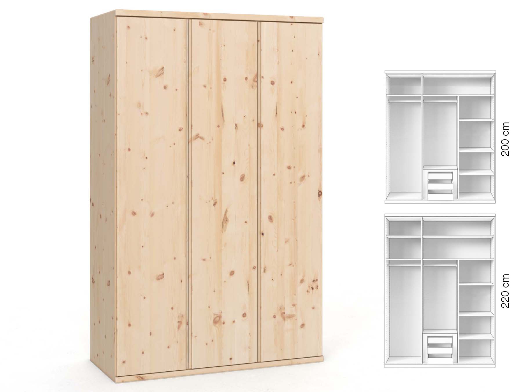 Zirbenschrank „Valentin“, 3-türig, Höhe 220 cm, Griffausführung „Patrizia“, Inneneinrichtung: D