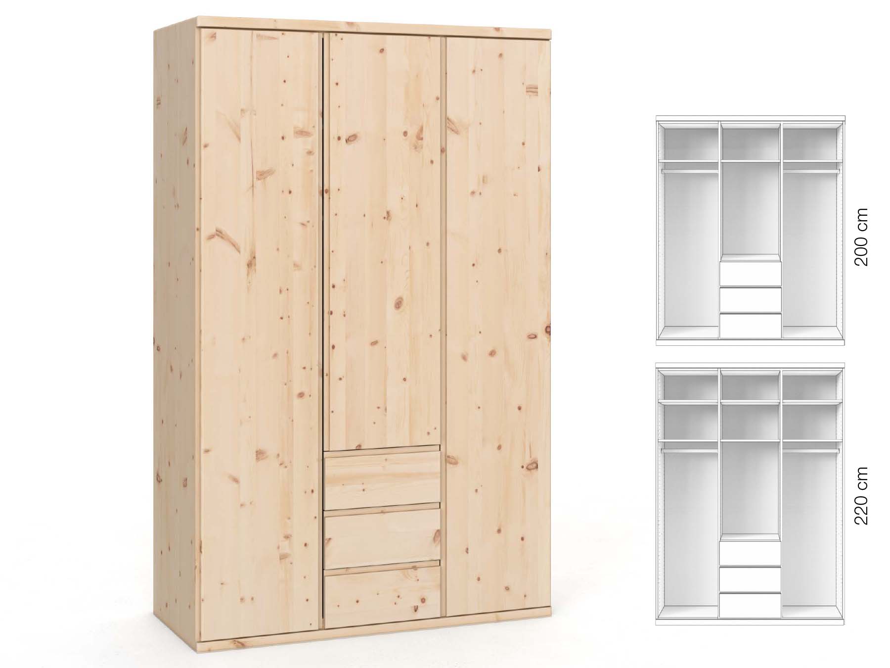 Zirbenschrank „Valentin“, 3-türig, Höhe 220 cm, Griffausführung „Patrizia“, Inneneinrichtung: E