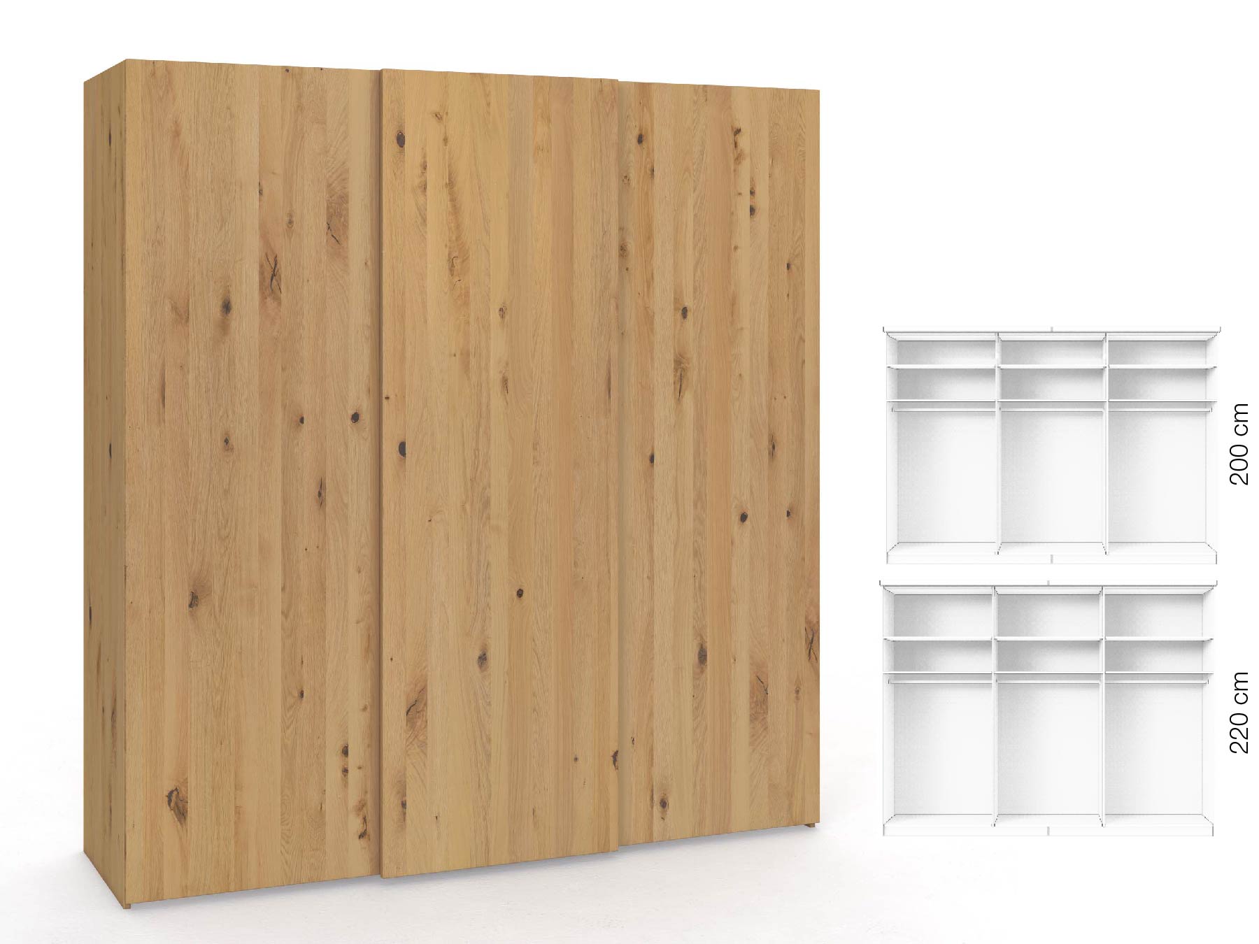 Wildeichenschrank Hell „Ludwig", 3-türig, Höhe 220 cm, Inneneinrichtung: A, Grifflos