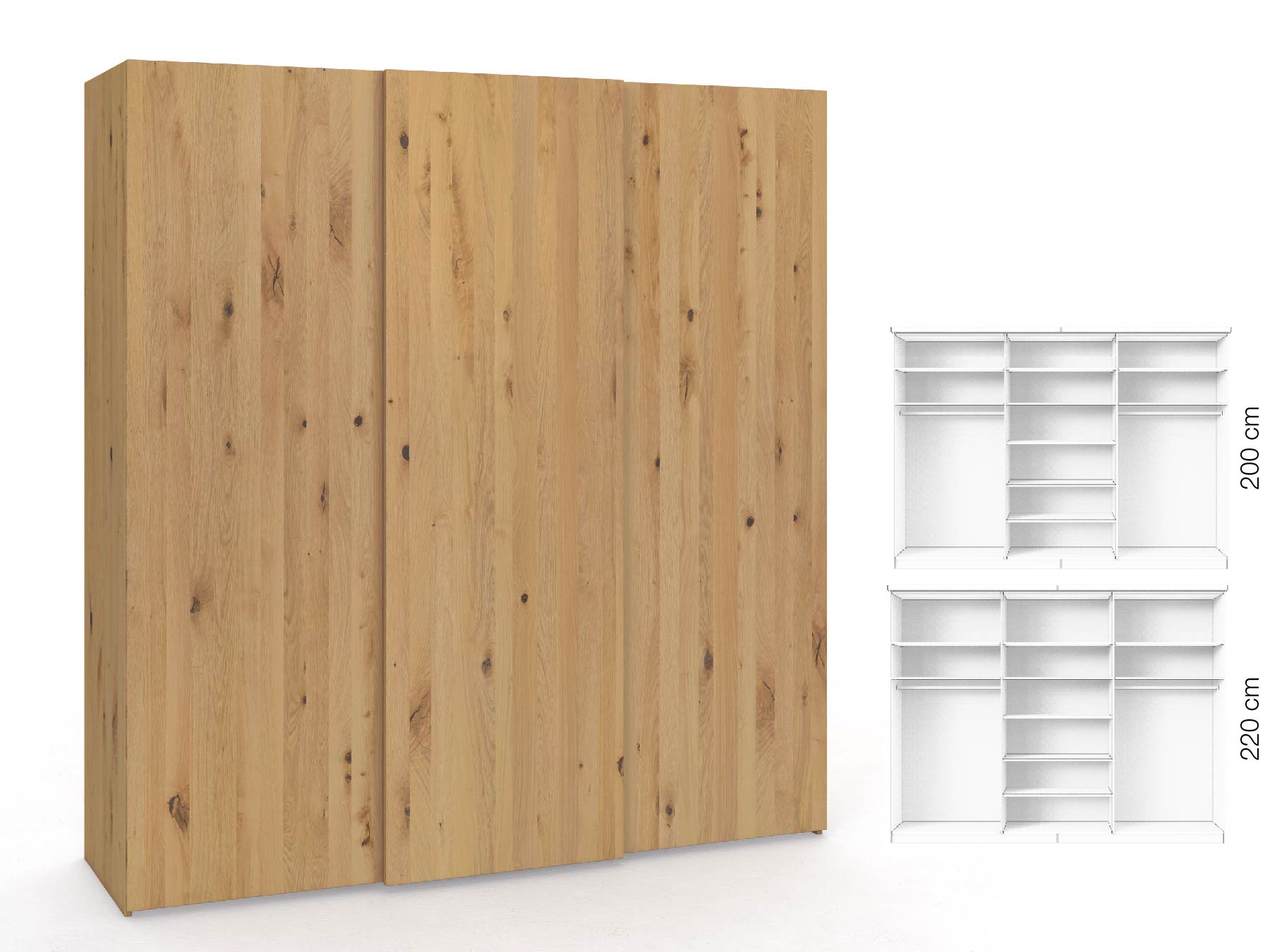 Wildeichenschrank Hell „Ludwig", 3-türig, Höhe 220 cm, Inneneinrichtung: B, Grifflos