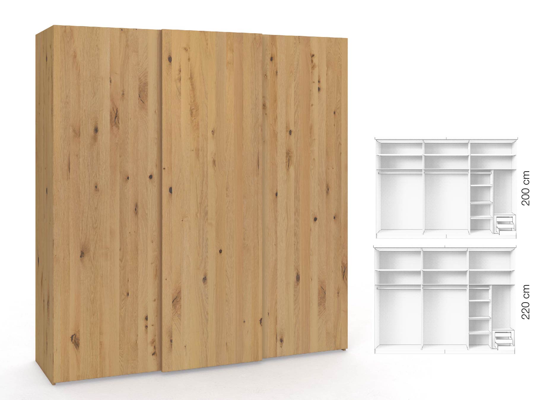 Wildeichenschrank Hell „Ludwig", 3-türig, Höhe 220 cm, Inneneinrichtung: C, Grifflos