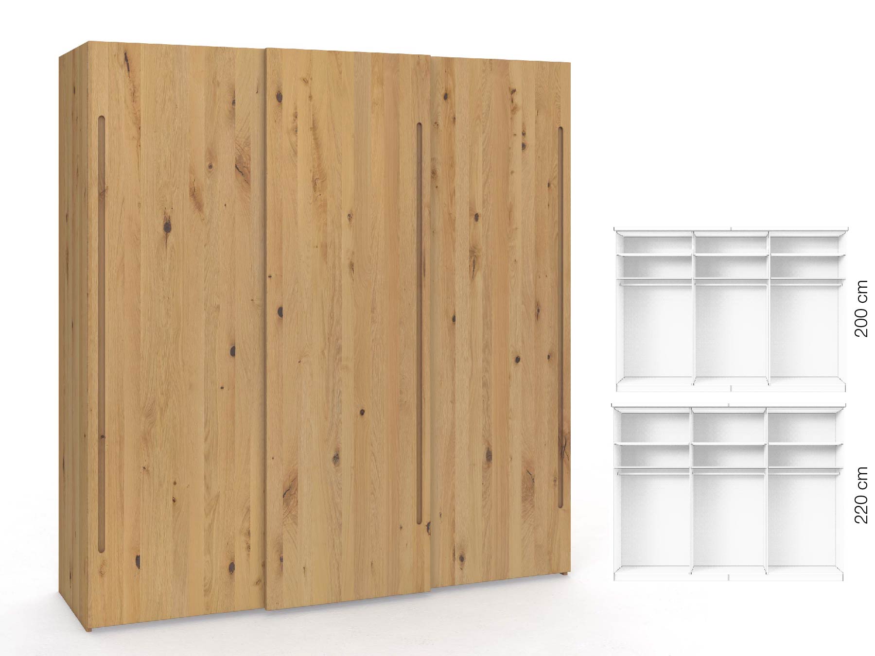 Wildeichenschrank Hell „Ludwig", 3-türig, Höhe 220 cm, Inneneinrichtung: A, Griff C