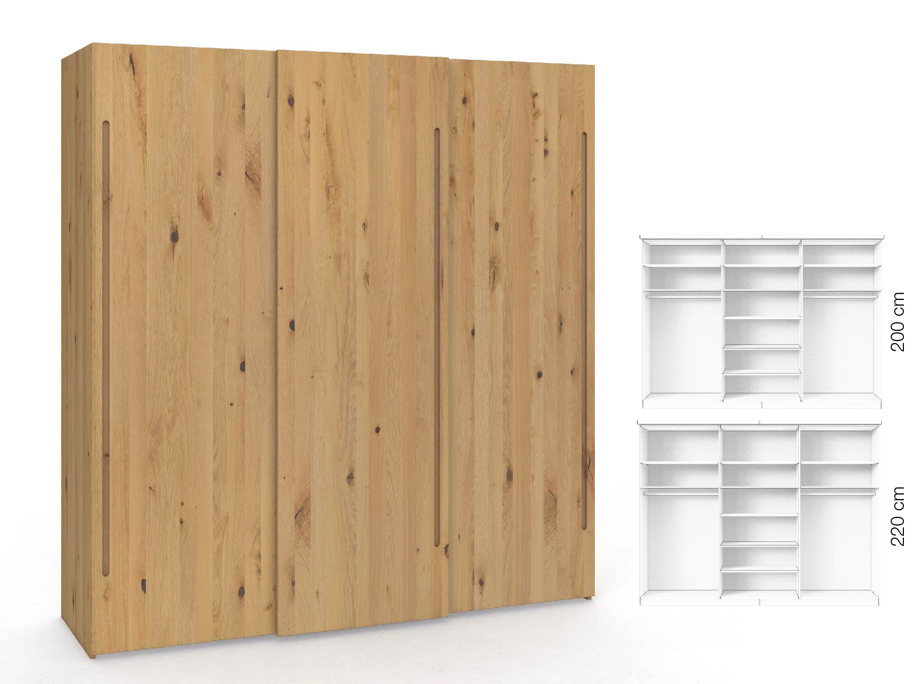 Wildeichenschrank Hell „Ludwig", 3-türig, Höhe 220 cm, Inneneinrichtung: B, Griff C