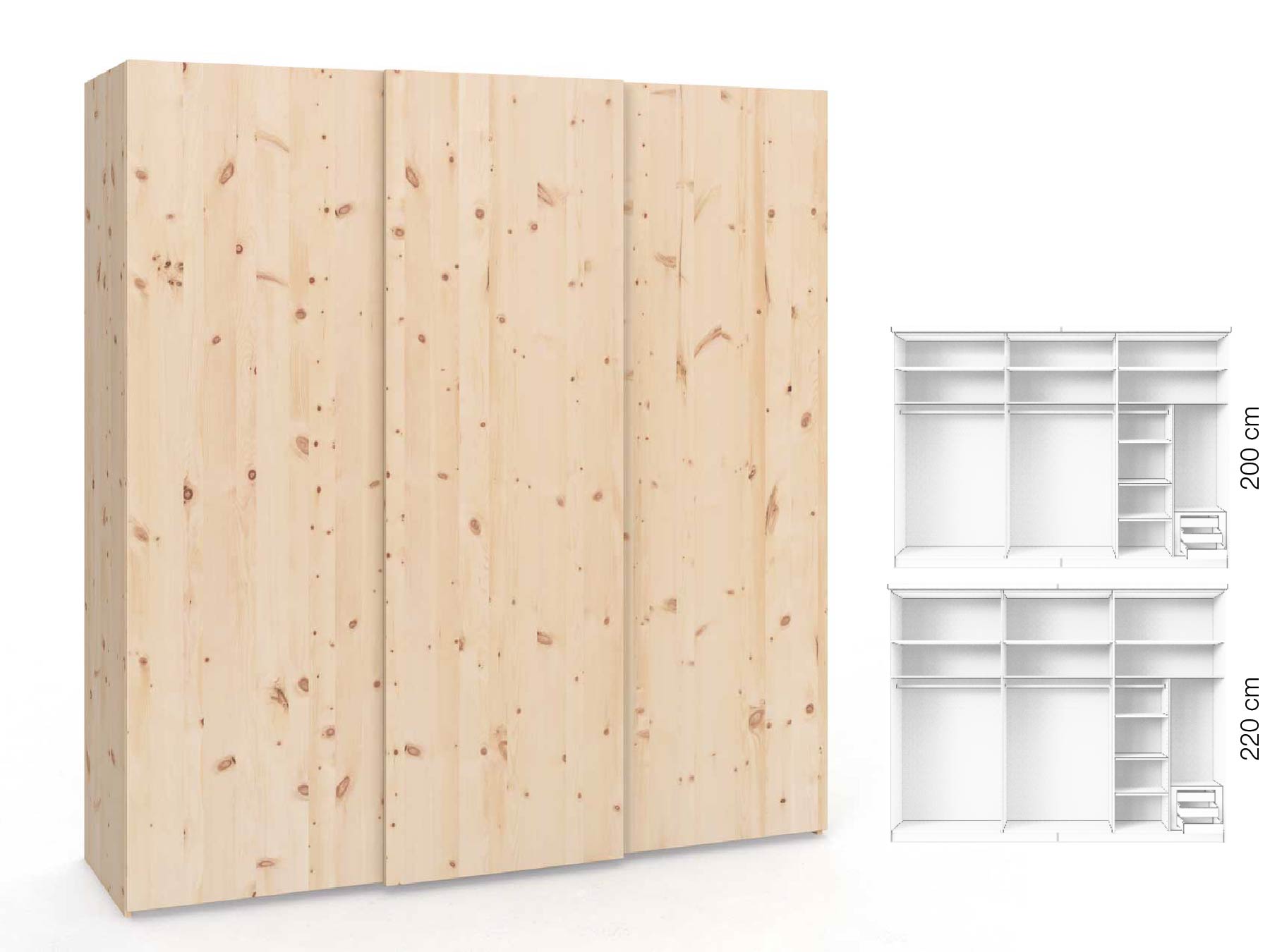 Zirbenschrank „Ludwig", 3-türig, Höhe 220 cm, Inneneinrichtung: C, Grifflos