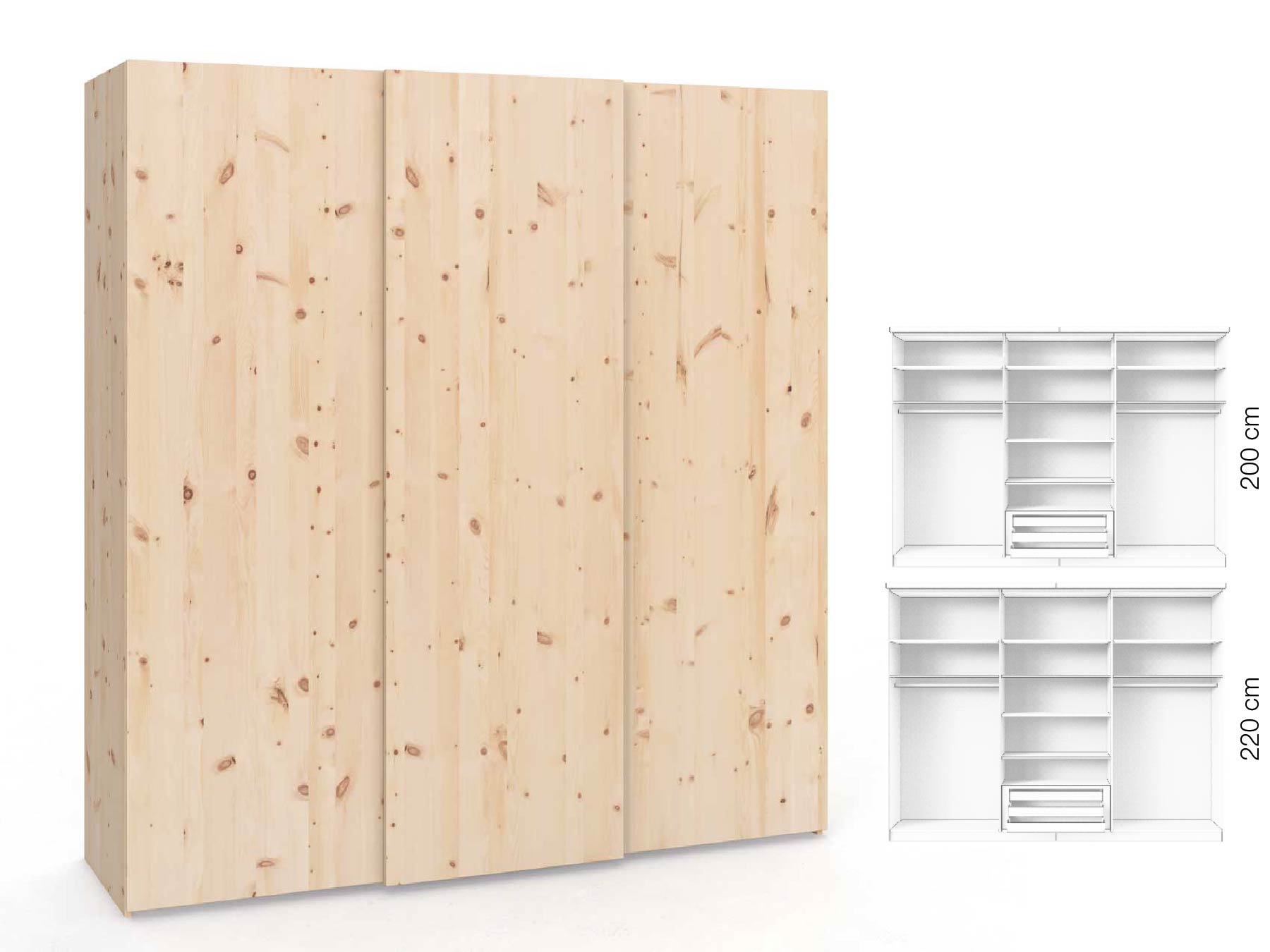 Zirbenschrank „Ludwig", 3-türig, Höhe 220 cm, Inneneinrichtung: D, Grifflos