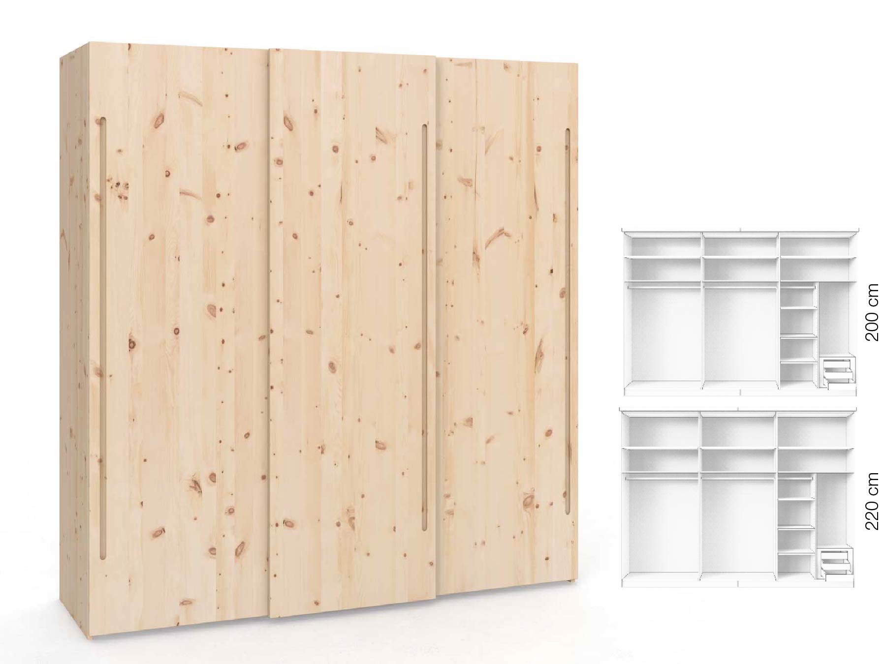 Zirbenschrank „Ludwig", 3-türig, Höhe 220 cm, Inneneinrichtung: C, Griff: C
