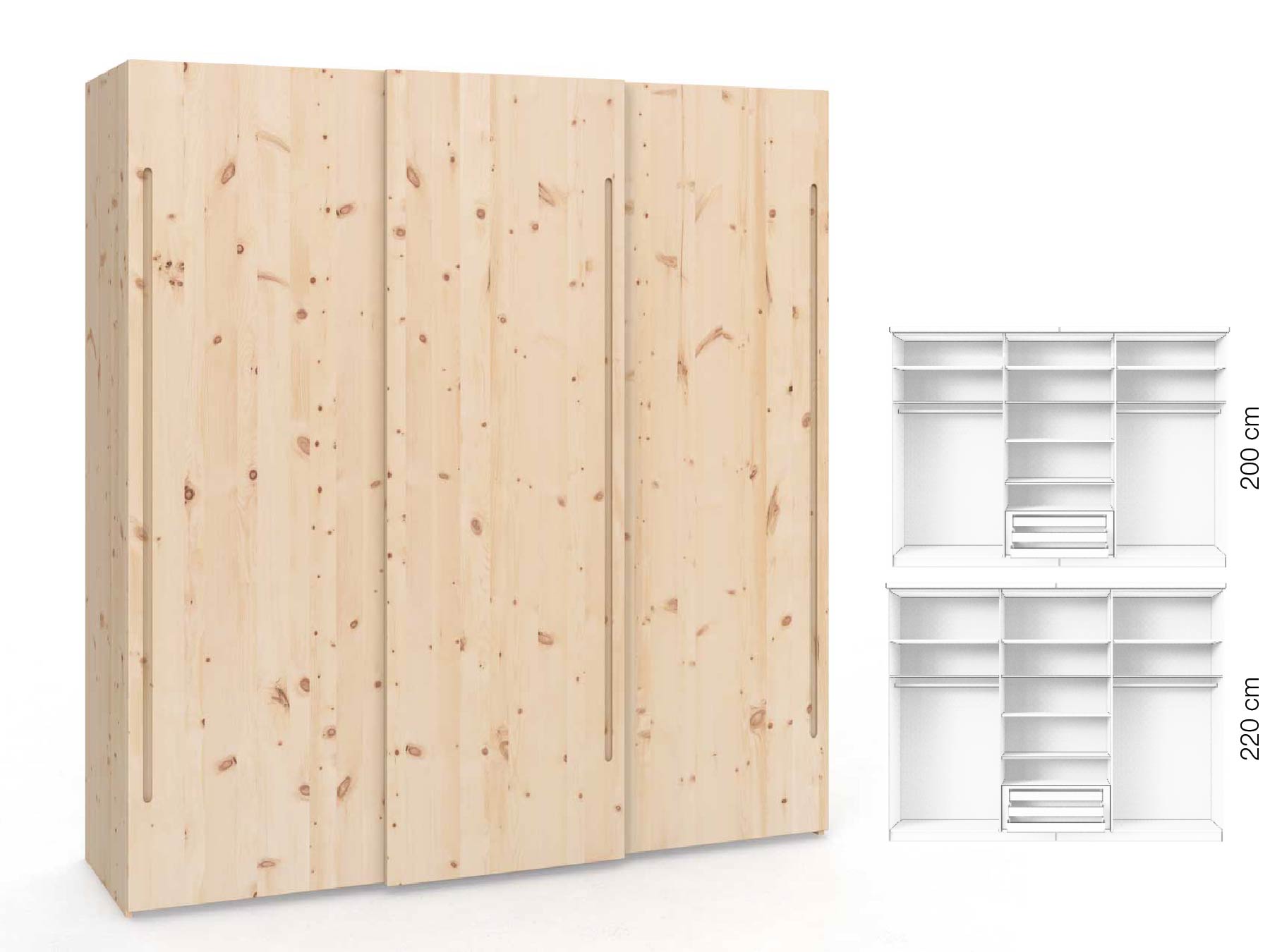 Zirbenschrank „Ludwig", 3-türig, Höhe 220 cm, Inneneinrichtung: D, Griff: C