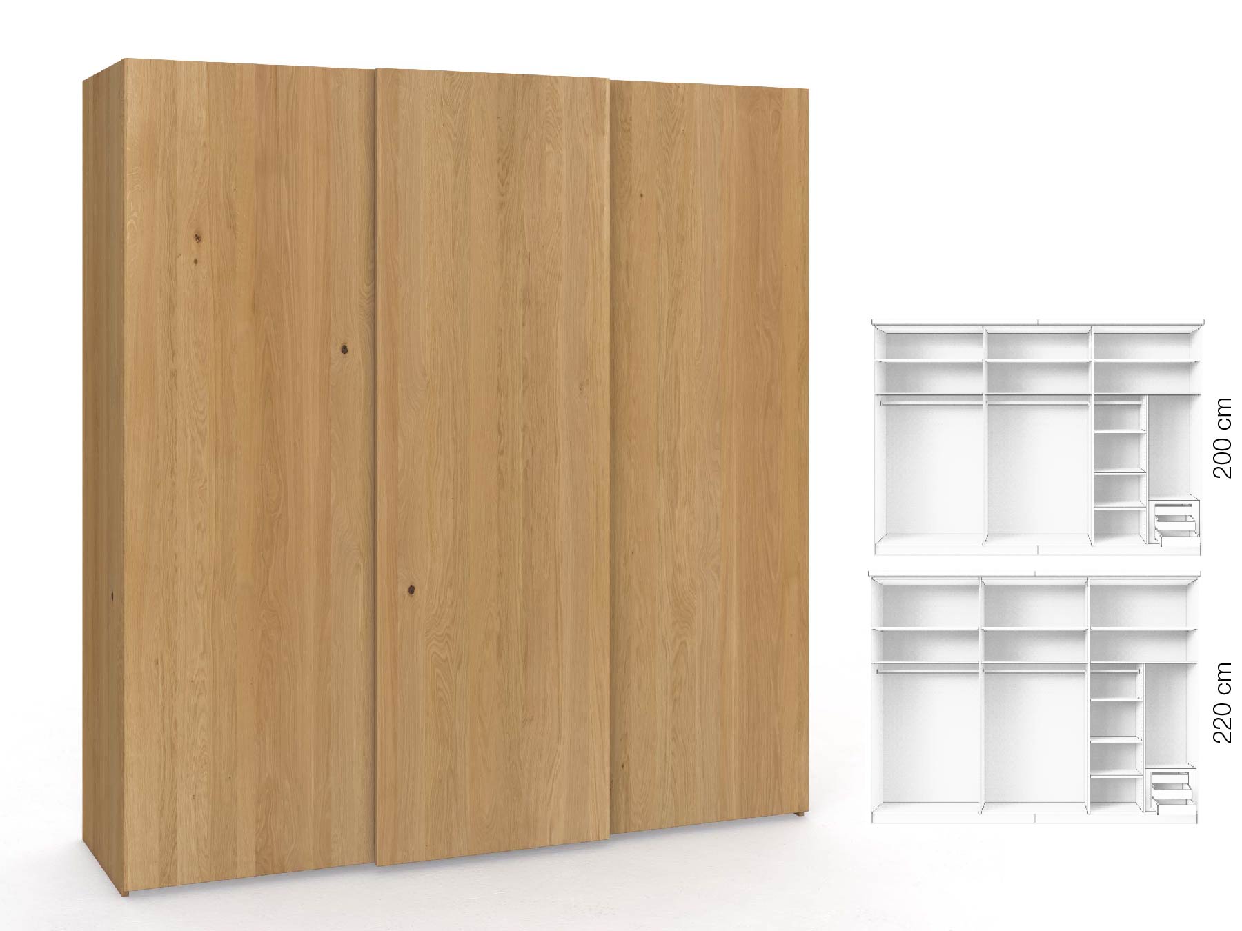 Eichenschrank Hell „Ludwig", 3-türig, Höhe 220 cm, Inneneinrichtung: C, Grifflos