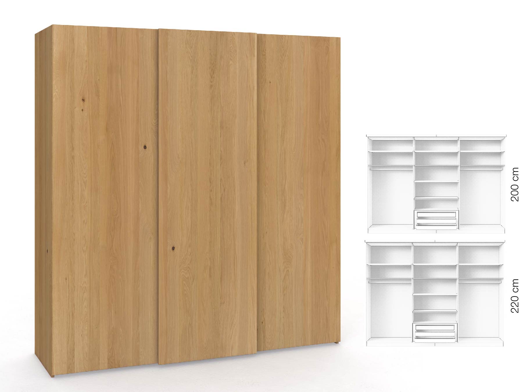 Eichenschrank Hell „Ludwig", 3-türig, Höhe 220 cm, Inneneinrichtung: D, Grifflos